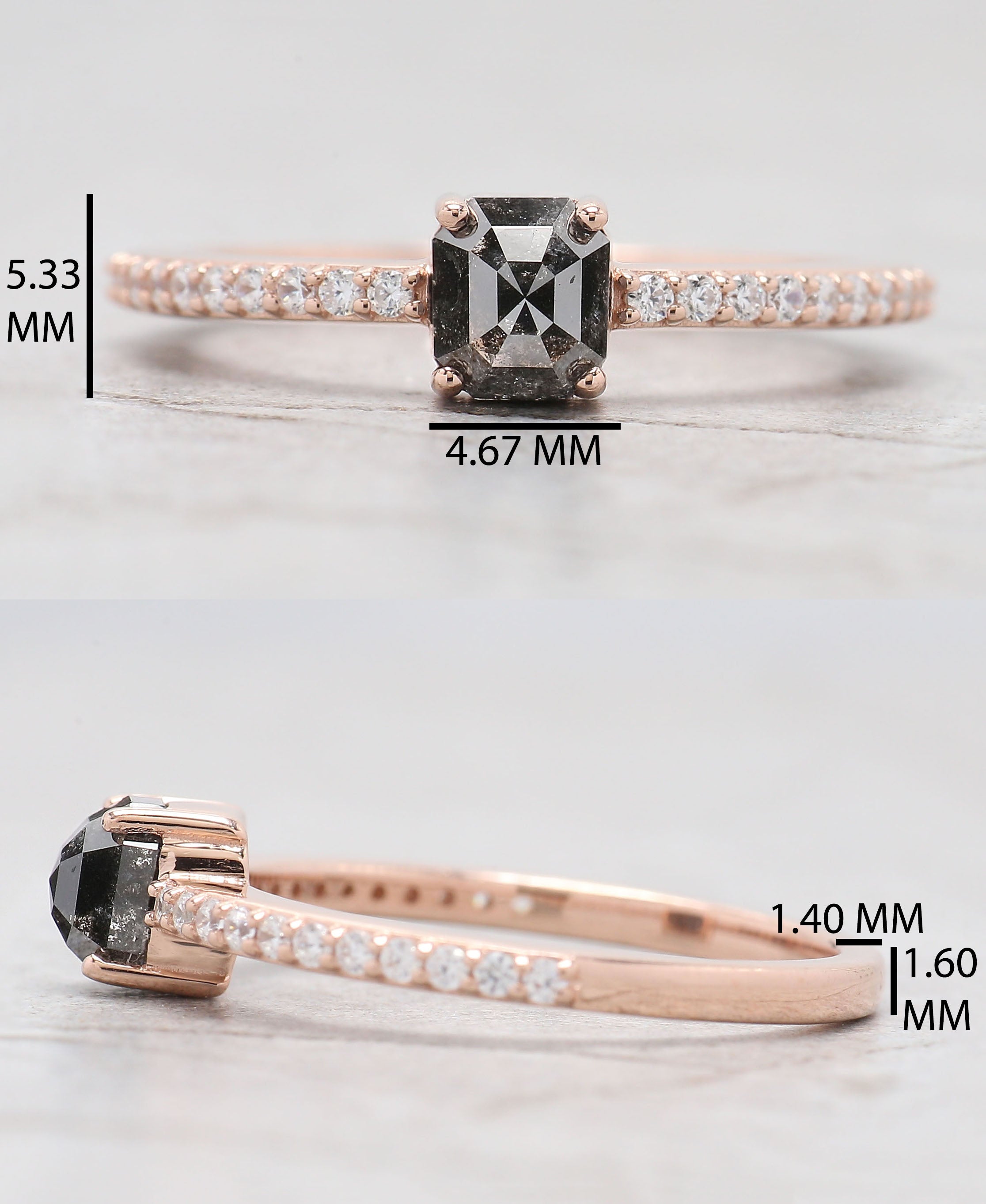 Emerald Cut Salt And Pepper Diamond Ring 0.80 Ct 5.10 MM Emerald Diamond Ring 14K Solid Rose Gold Silver Engagement Ring Gift For Her QK1796