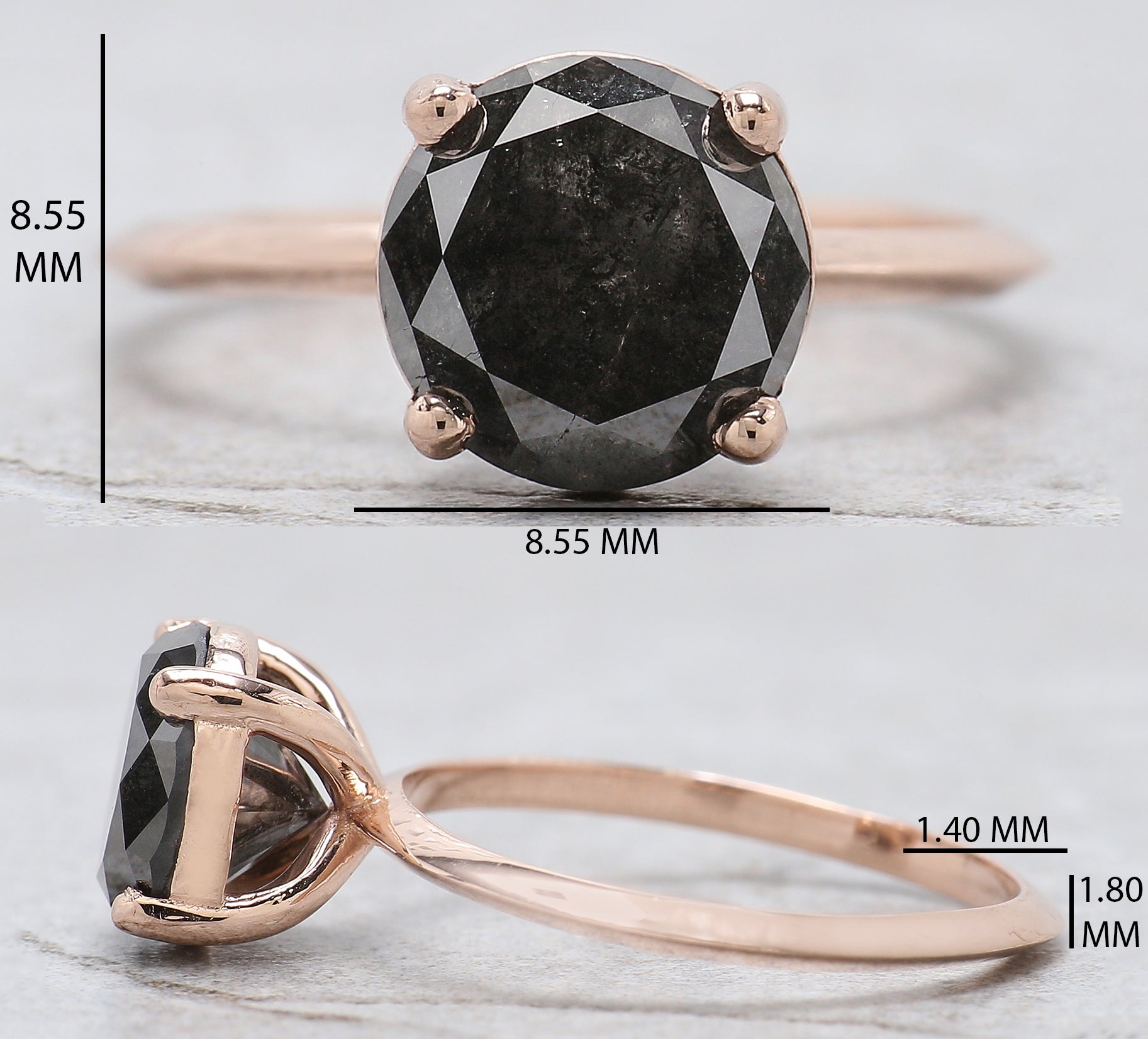 Round Cut Black Color Diamond Ring 2.59 Ct 8.30 MM Round Shape Diamond Ring 14K Solid Rose Gold Silver Engagement Ring Gift For Her QL7395