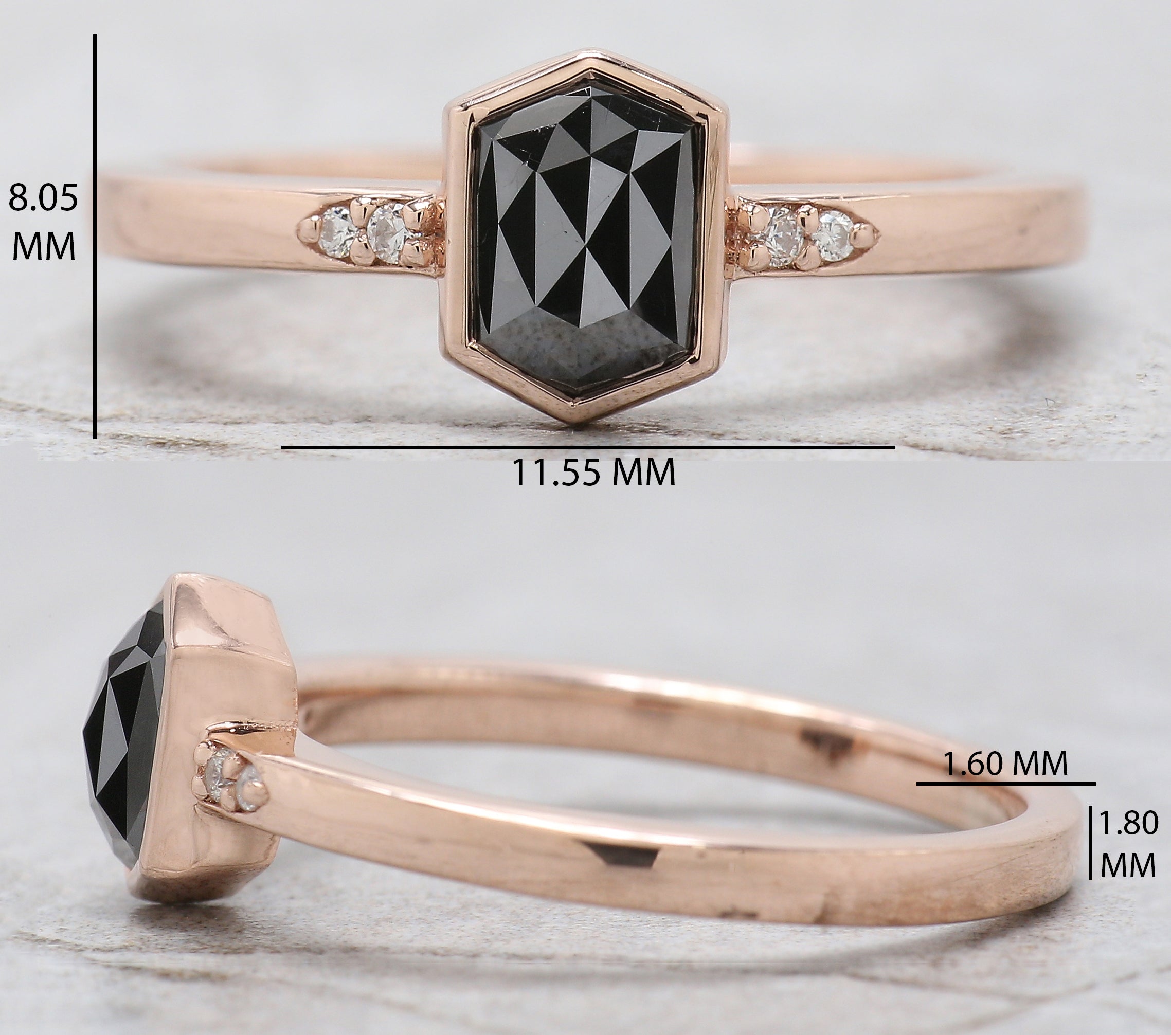 Hexagon Black Color Diamond Ring 0.88 Ct 6.65 MM Hexagon Shape Diamond Ring 14K Solid Rose Gold Silver Engagement Ring Gift For Her QN520