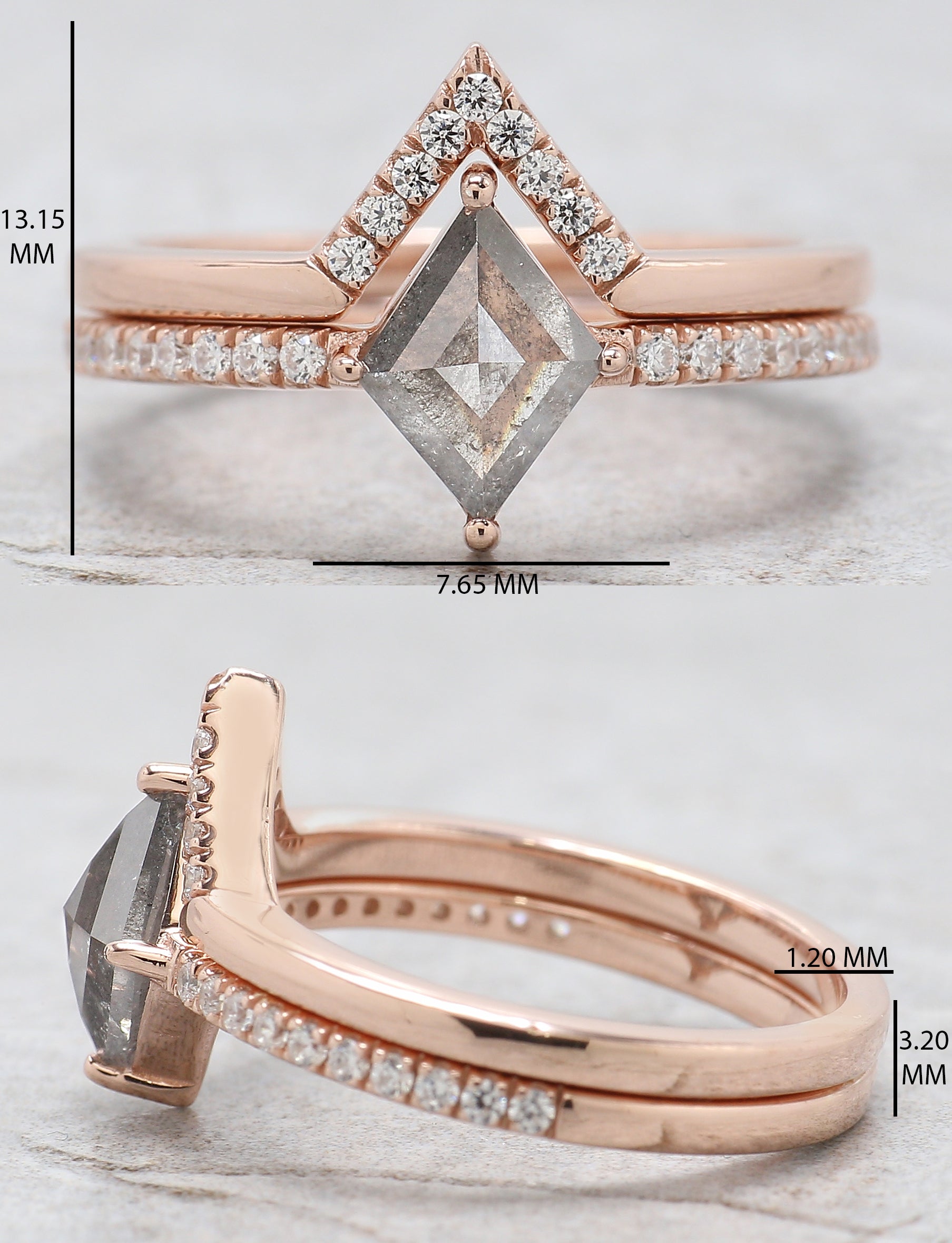 Kite Cut Salt And Pepper Diamond Ring 0.97 Ct 8.45 MM Kite Diamond Ring 14K Solid Rose Gold Silver Kite Engagement Ring Gift For Her QL3065