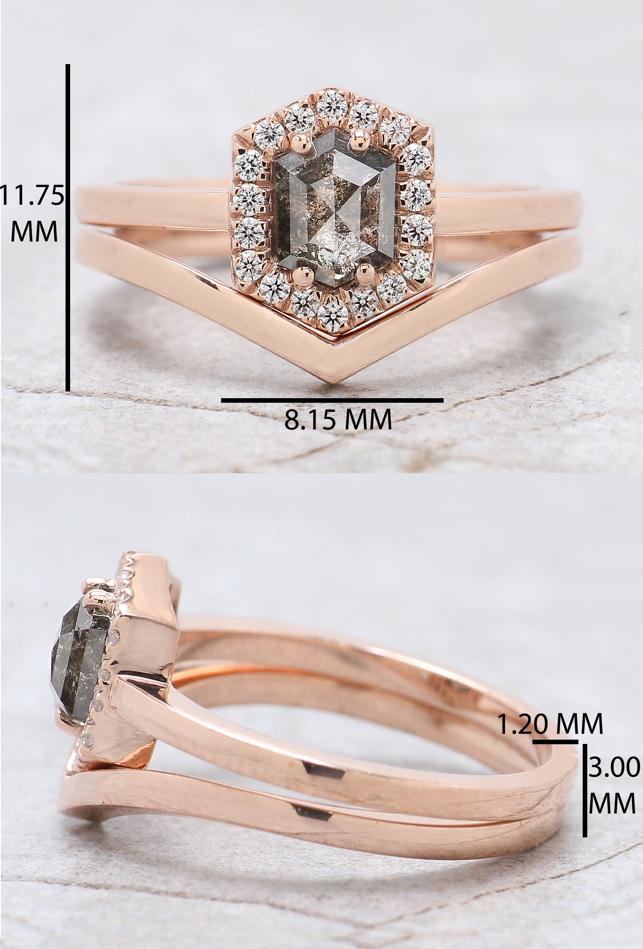 Hexagon Cut Salt And Pepper Diamond Ring 0.77 Ct 6.05 MM Hexagon Diamond Ring 14K Solid Rose Gold Silver Engagement Ring Gift For Her QN1223