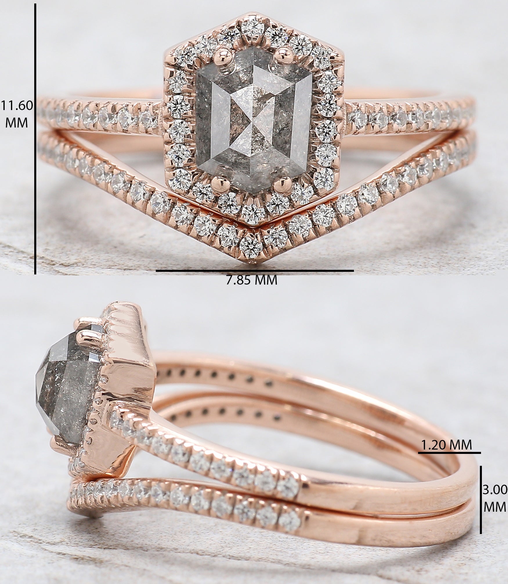 Hexagon Cut Salt And Pepper Diamond Ring 1.00 Ct 6.43 MM Hexagon Cut Diamond Ring 14K Rose Gold Silver Engagement Ring Gift For Her QL2077