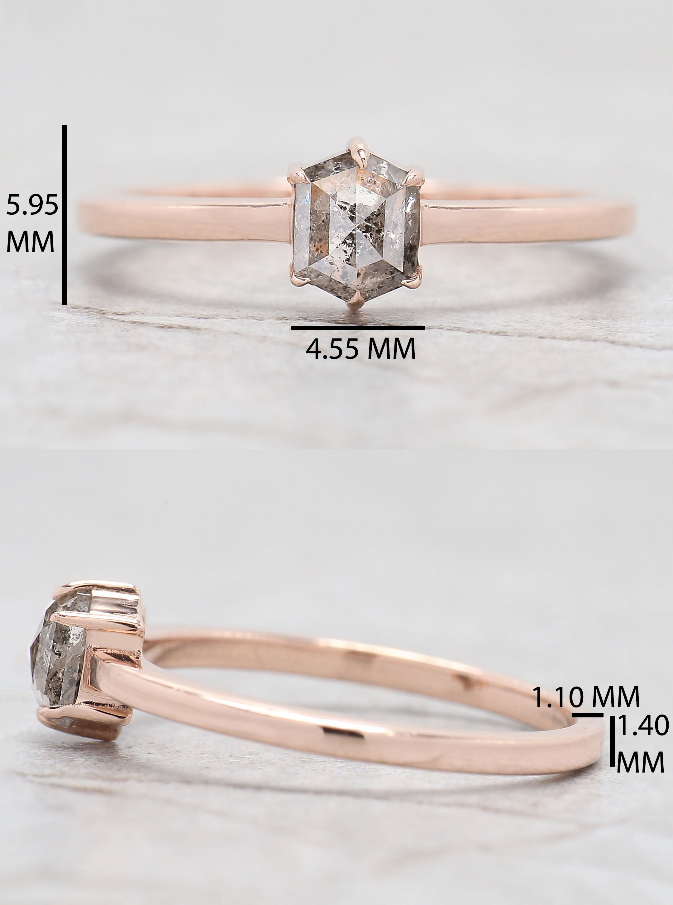 Hexagon Cut Salt And Pepper Diamond Ring 0.49 Ct 5.25 MM Hexagon Cut Diamond Ring 14K Rose Gold Silver Engagement Ring Gift For Her QL493