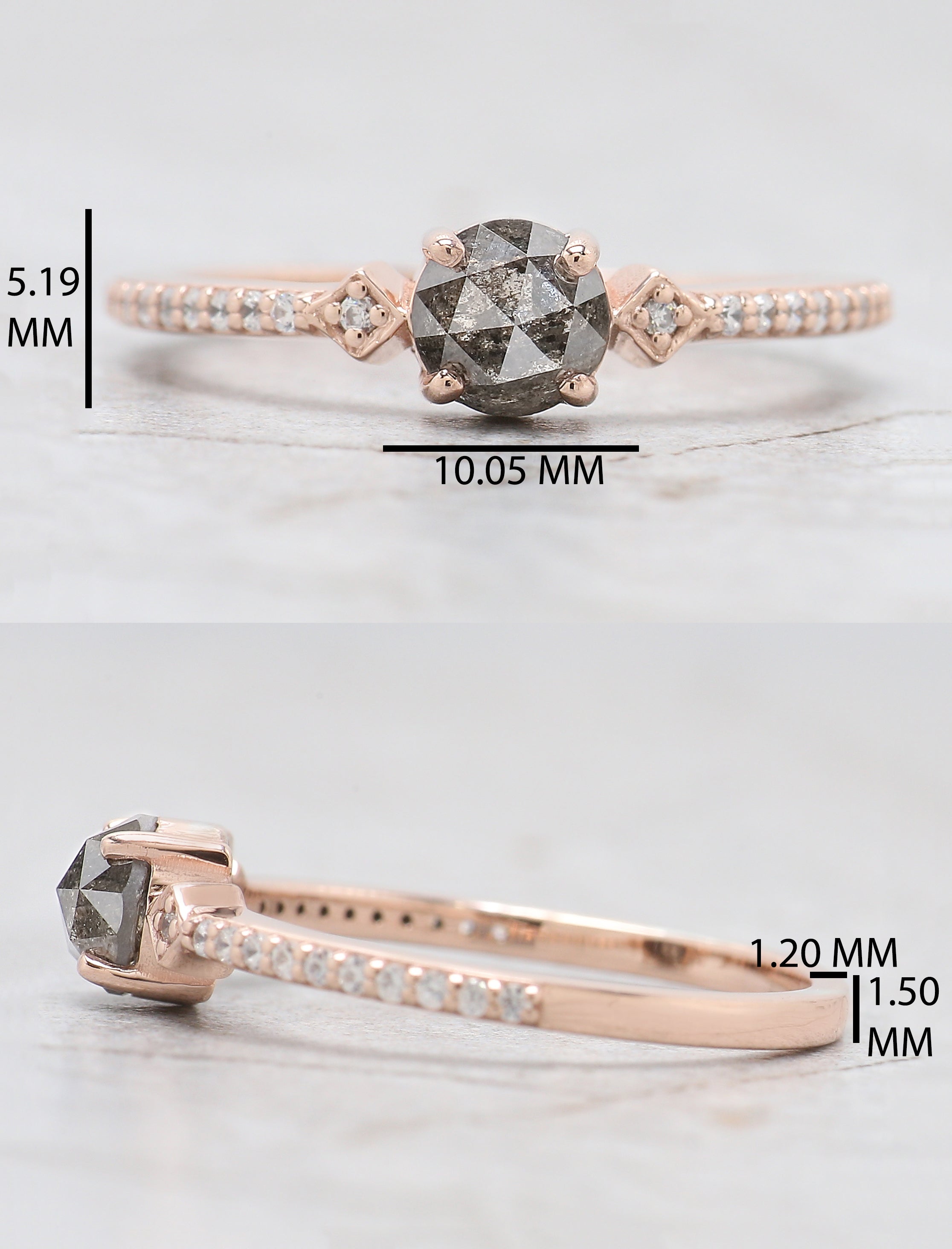 Round Rose Cut Salt And Pepper Diamond Ring 0.62 Ct 5.00 MM Round Diamond Ring 14K Rose Gold Silver Engagement Ring Gift For Her QN7450