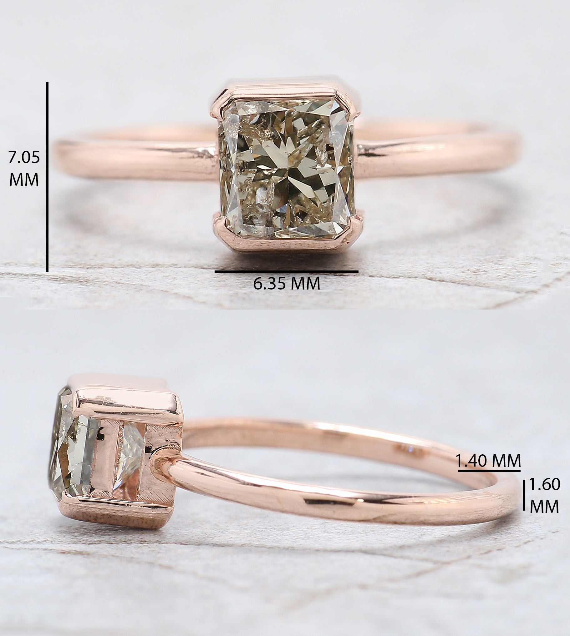Radiant Salt And Pepper Diamond Ring 1.48 Ct 6.05 MM Radiant Diamond Ring 14K Solid Rose Gold Silver Engagement Ring Gift For Her QL2640