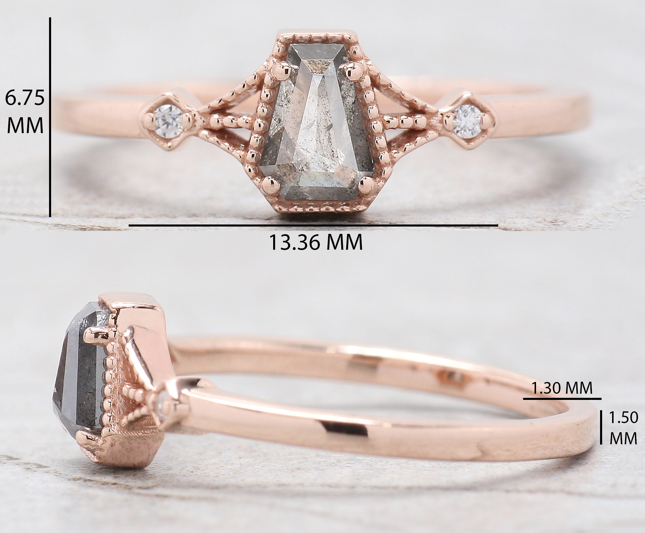 Coffin Cut Salt And Pepper Diamond Ring 0.42 Ct 5.56 MM Coffin Diamond Ring 14K Solid Rose Gold Silver Engagement Ring Gift For Her QL2159