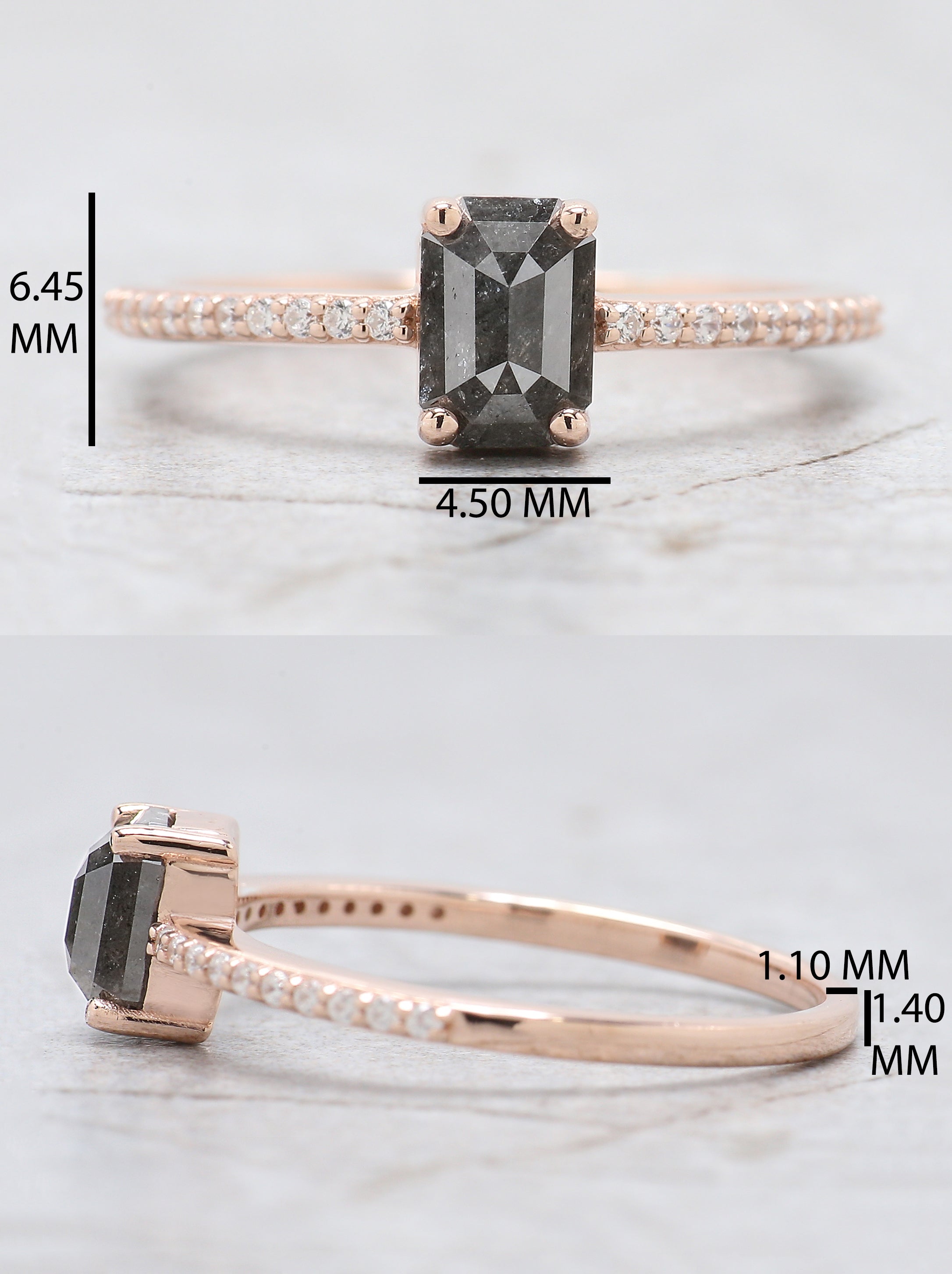 Emerald Salt And Pepper Diamond Ring 0.85 Ct 6.35 MM Emerald Diamond Ring 14K Solid Rose Gold Silver Engagement Ring Gift For Her QN2068