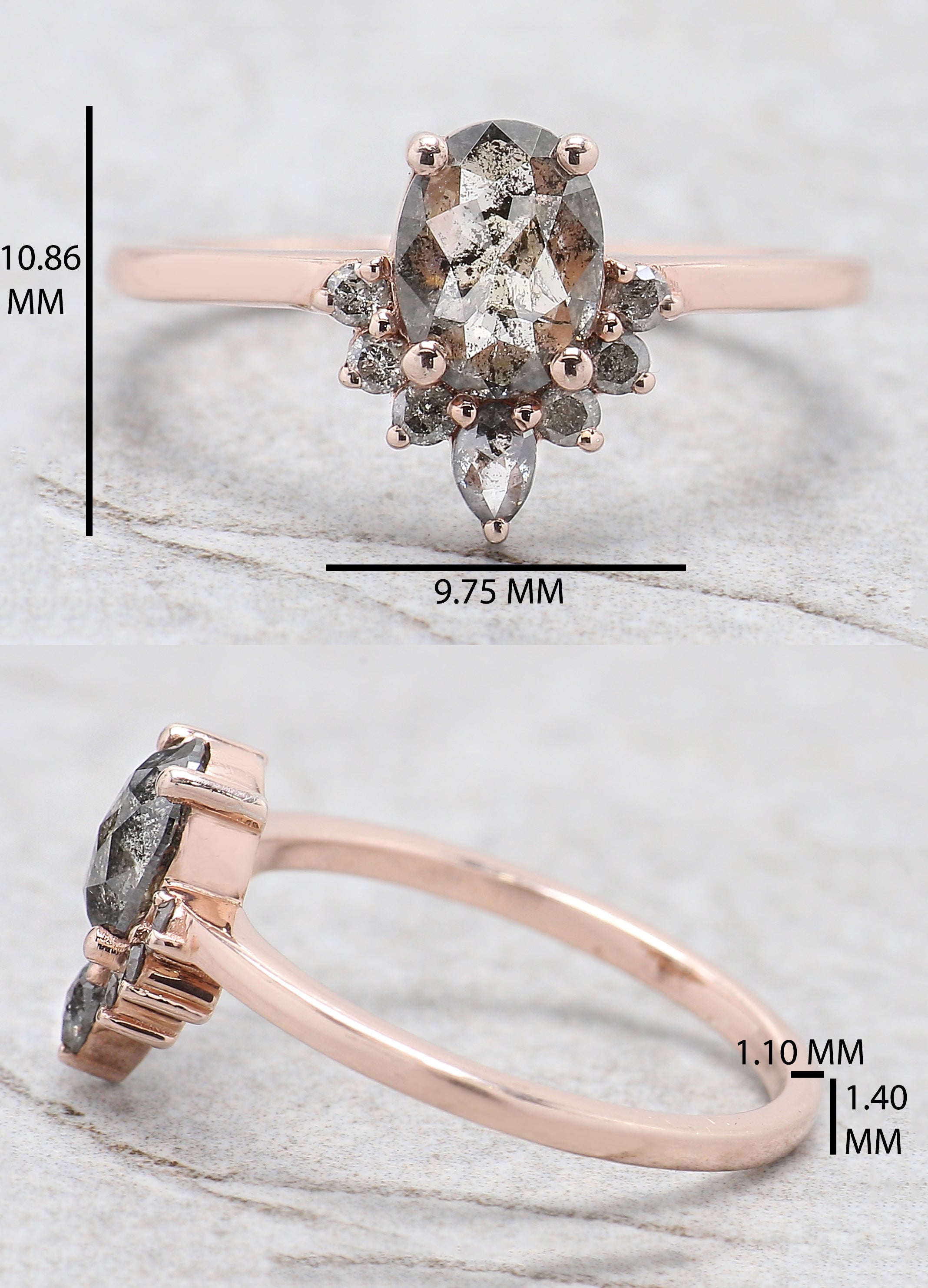 Oval Cut Salt And Pepper Diamond Ring 0.78 Ct 6.98 MM Oval Diamond Ring 14K Solid Rose Gold Silver Oval Engagement Ring Gift For Her QL2092