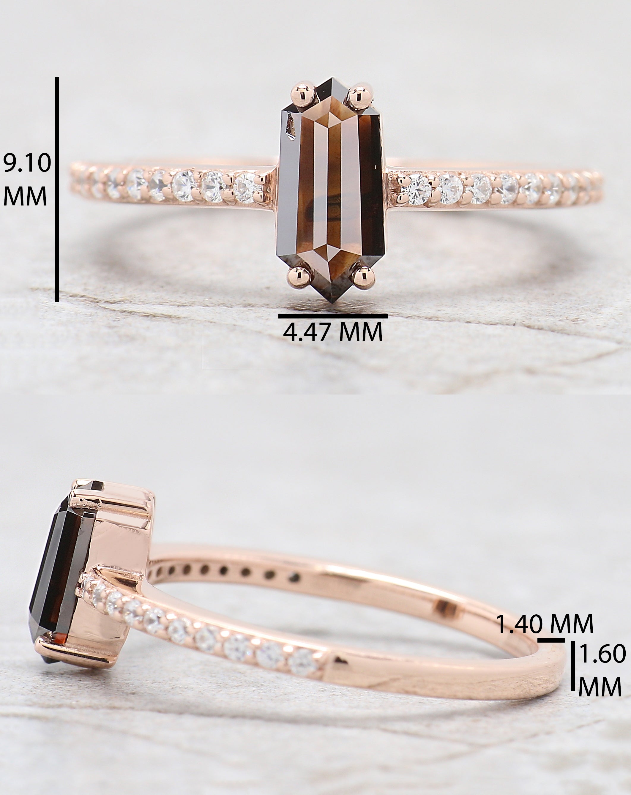 Hexagon Cut Brown Color Diamond Ring 0.80 Ct 8.85 MM Hexagon Diamond Ring 14K Solid Rose Gold Silver Engagement Ring Gift For Her QL1767