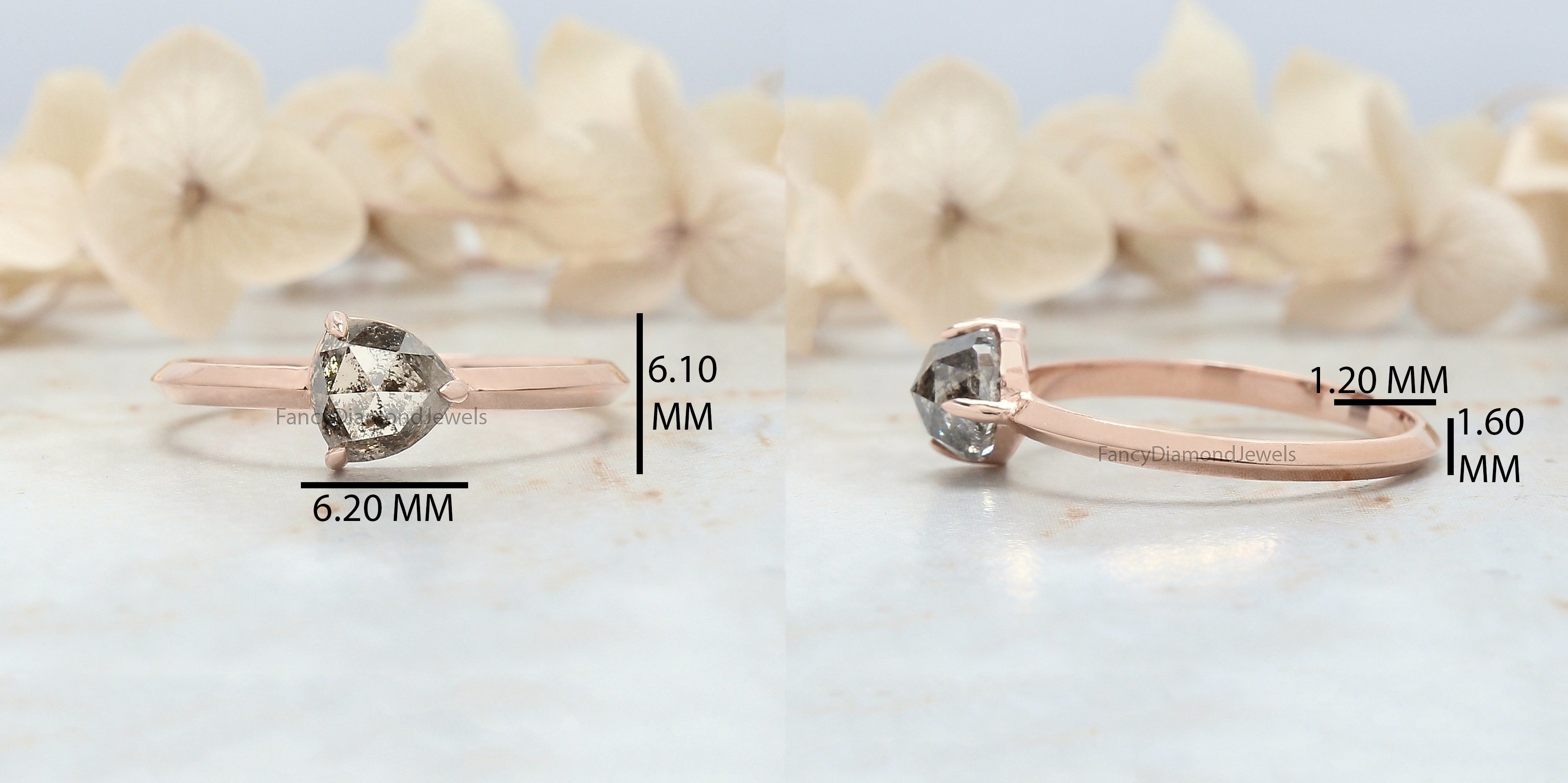 Triangle Salt And Pepper Diamond Ring 0.95 Ct 5.71 MM Triangle Diamond Ring 14K Solid Rose Gold Silver Engagement Ring Gift For Her QL3060