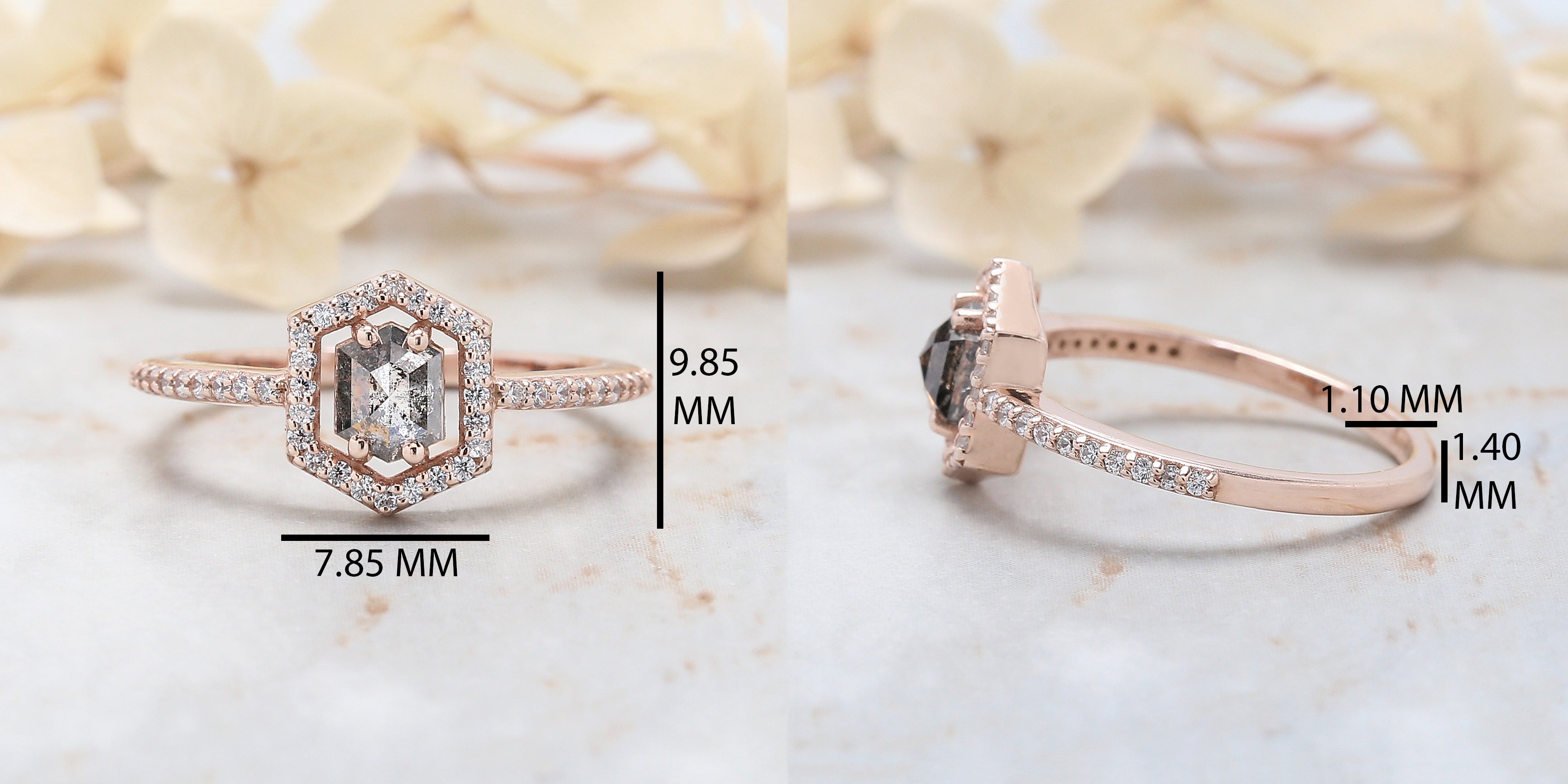 0.57 Ct Natural Hexagon Salt And Pepper Diamond Ring 5.40 MM Hexagon Shape Diamond Ring 14K Solid Rose Gold Silver Engagement Ring QN747