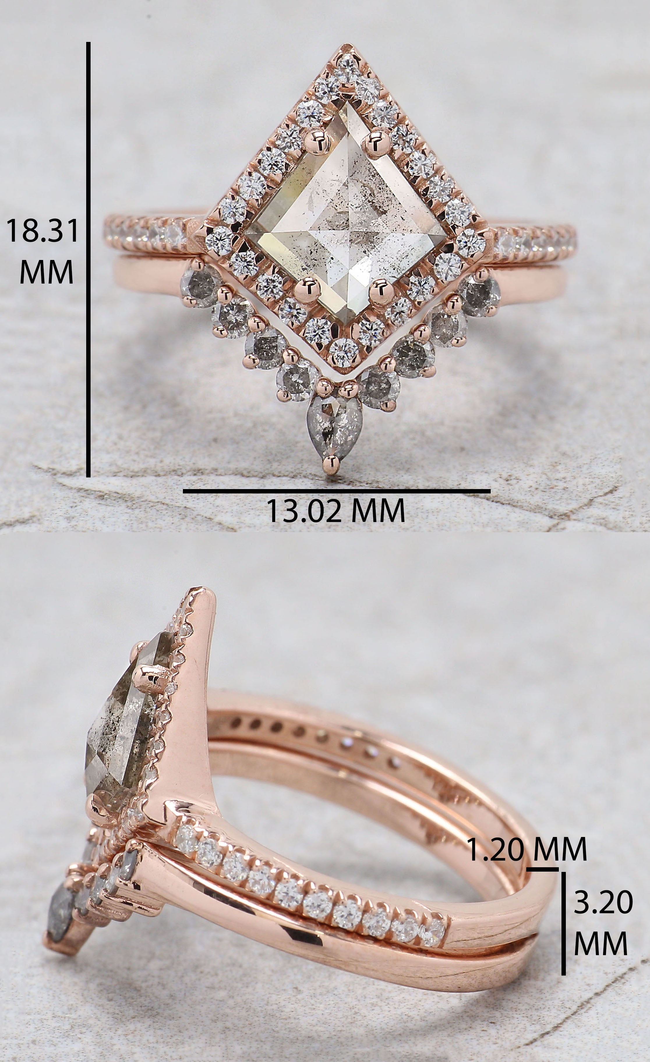 Kite Cut Salt And Pepper Diamond Ring 1.24 Ct 9.25 MM Kite Diamond Ring 14K Solid Rose Gold Silver Kite Engagement Ring Gift For Her QL9264