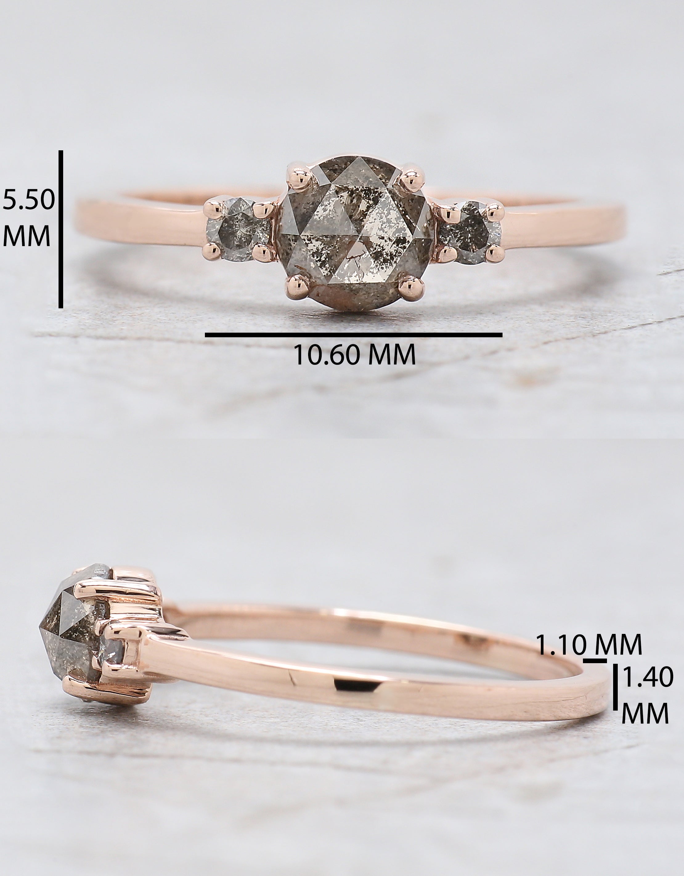 Round Rose Cut Salt And Pepper Diamond Ring 0.70 Ct 5.50 MM Round Diamond Ring 14K Rose Gold Silver Engagement Ring Gift For Her QN9713