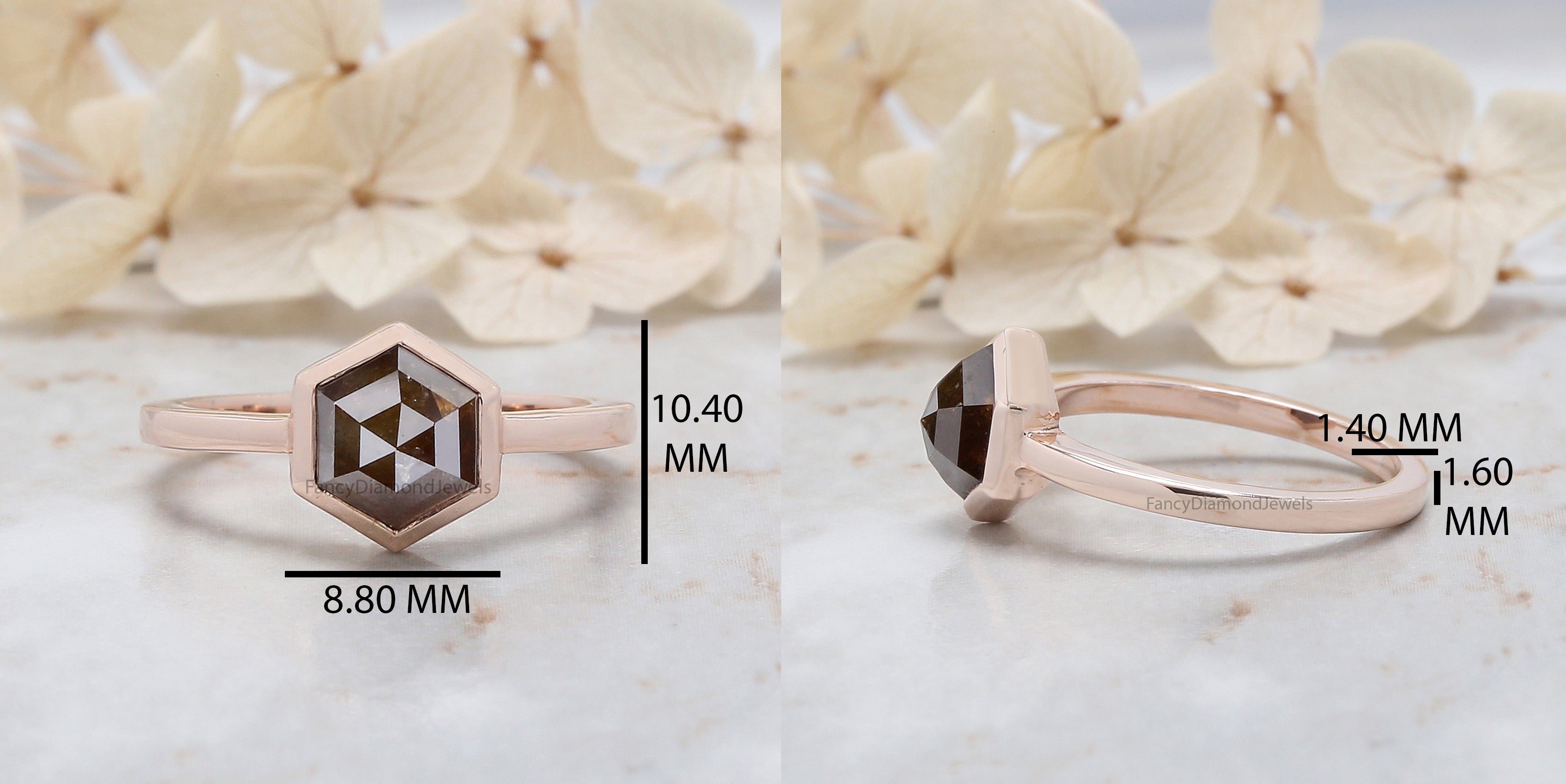 Hexagon Cut Brown Color Diamond Ring 2.26 Ct 6.90 MM Hexagon Shape Diamond Ring 14K Rose Gold Silver Engagement Ring Gift For Her QN9237