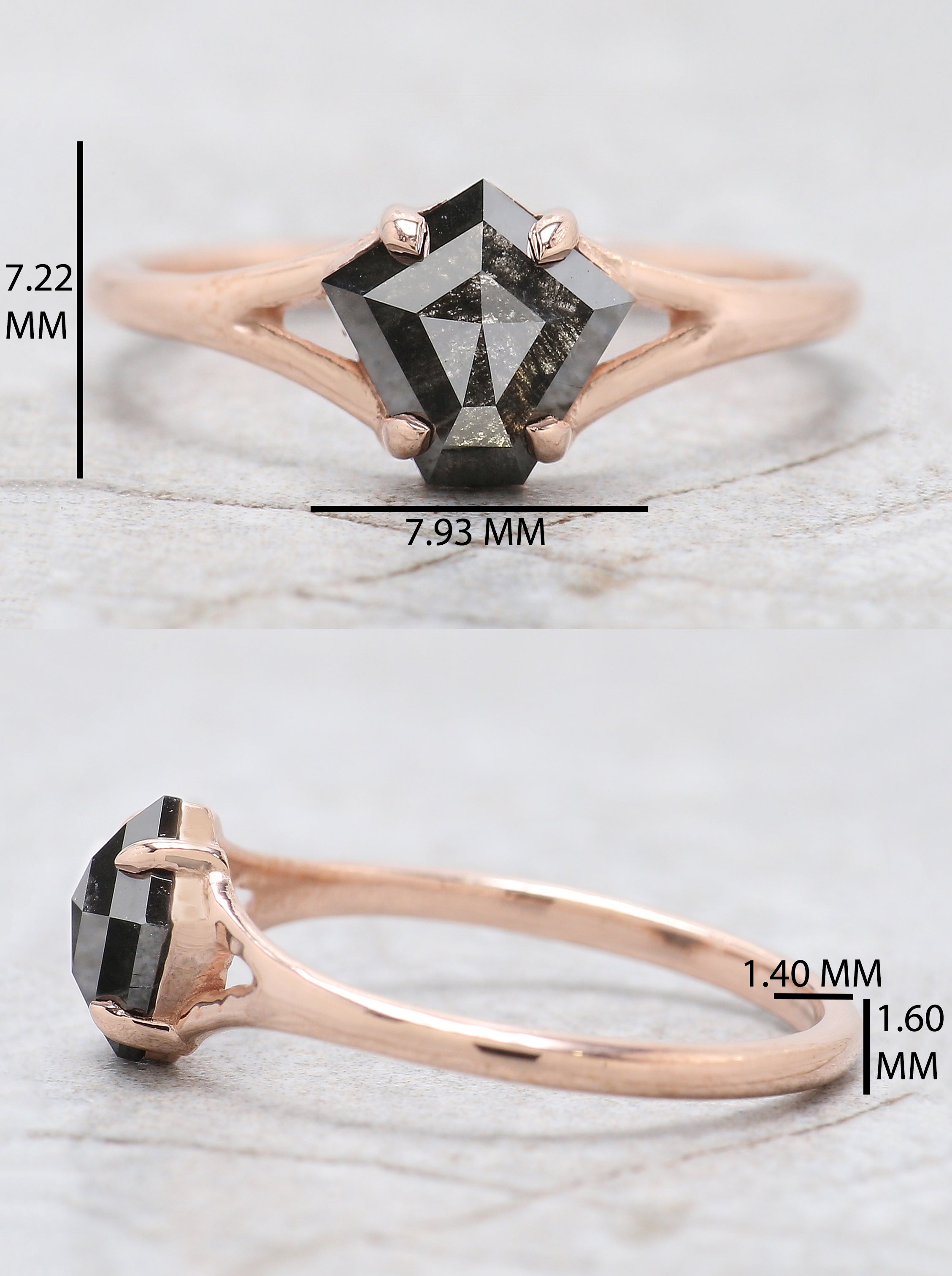 Pentagon Cut Salt And Pepper Diamond Ring 0.64 Ct 6.50 MM Pentagon Diamond Ring 14K Rose Gold Silver Engagement Ring Gift For Her QL1356