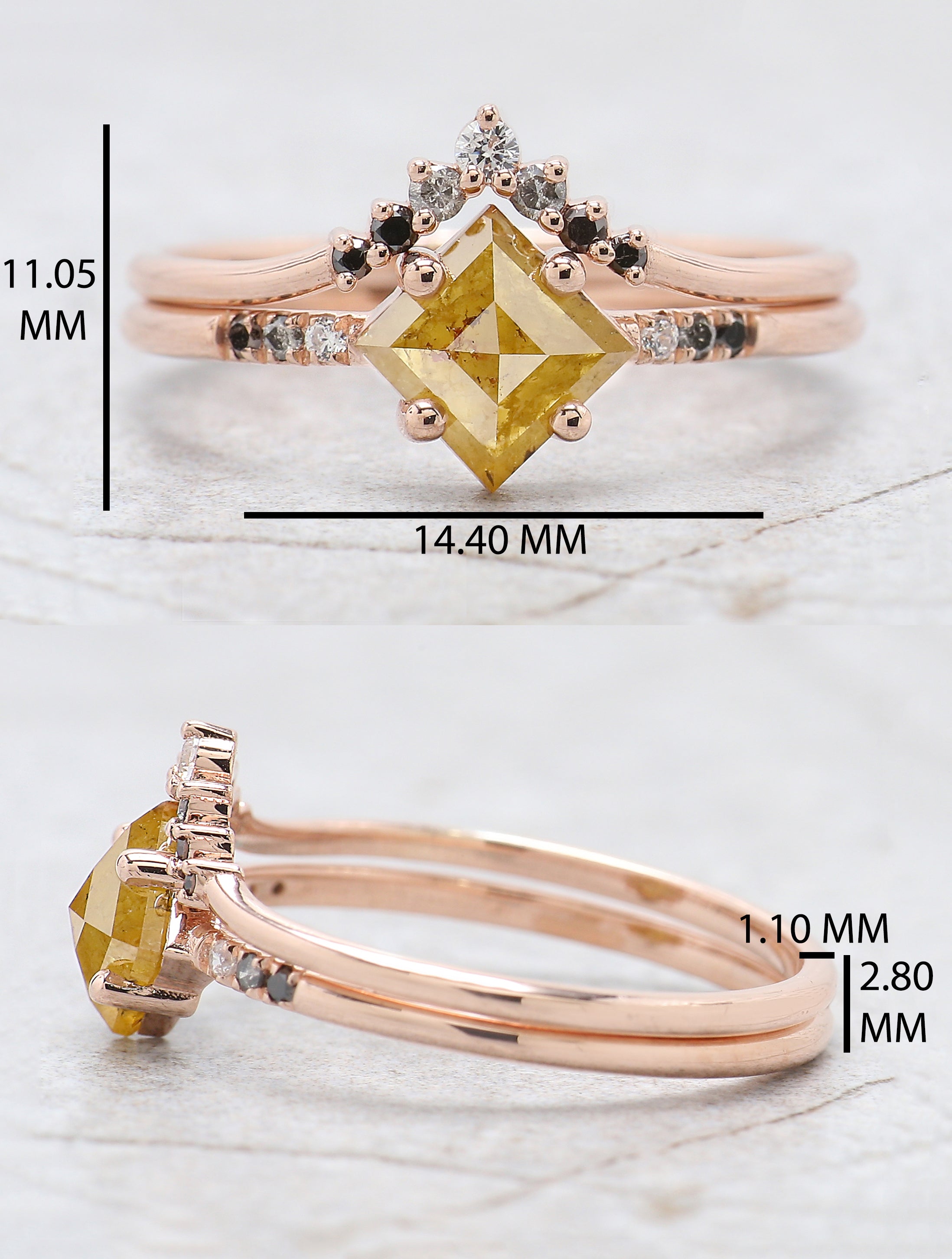 0.93 Ct Natural Kite Shape Yellow Color Diamond Ring 7.55 MM Kite Yellow Diamond Ring 14K Solid Rose Gold Silver Engagement Ring Set QN635