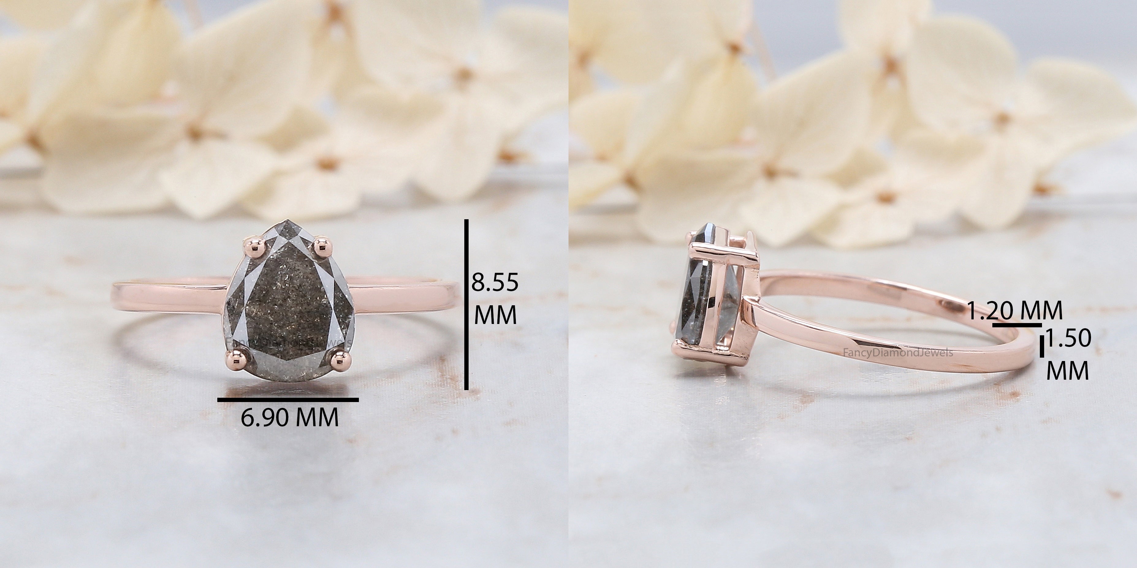 Pear Cut Salt And Pepper Diamond Ring 1.58 Ct 8.45 MM Pear Diamond Ring 14K Solid Rose Gold Silver Engagement Pear Ring Gift For Her QL1666