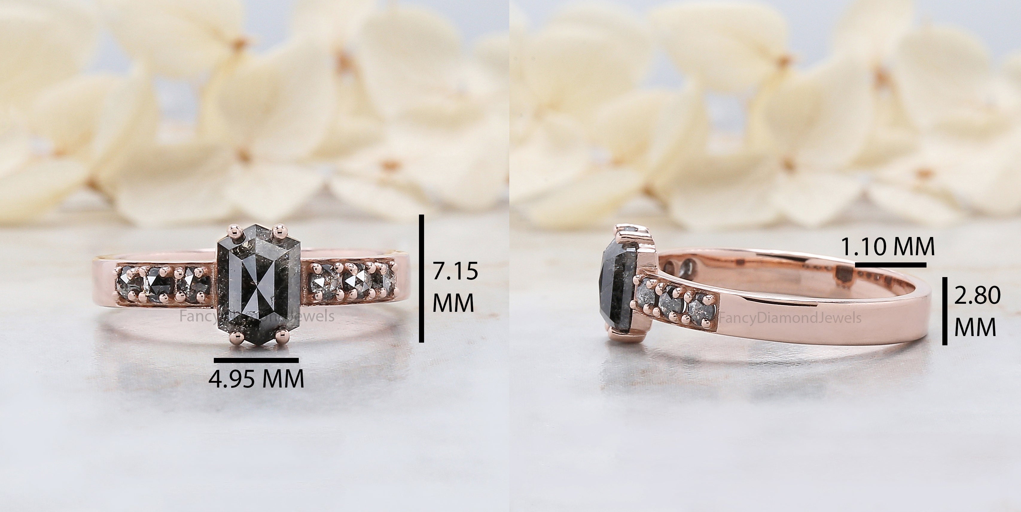 0.87 Ct Natural Hexagon Cut Salt And Pepper Diamond Ring 7.05 MM Hexagon Cut Diamond Ring 14K Solid Rose Gold Silver Engagement Ring QN1370