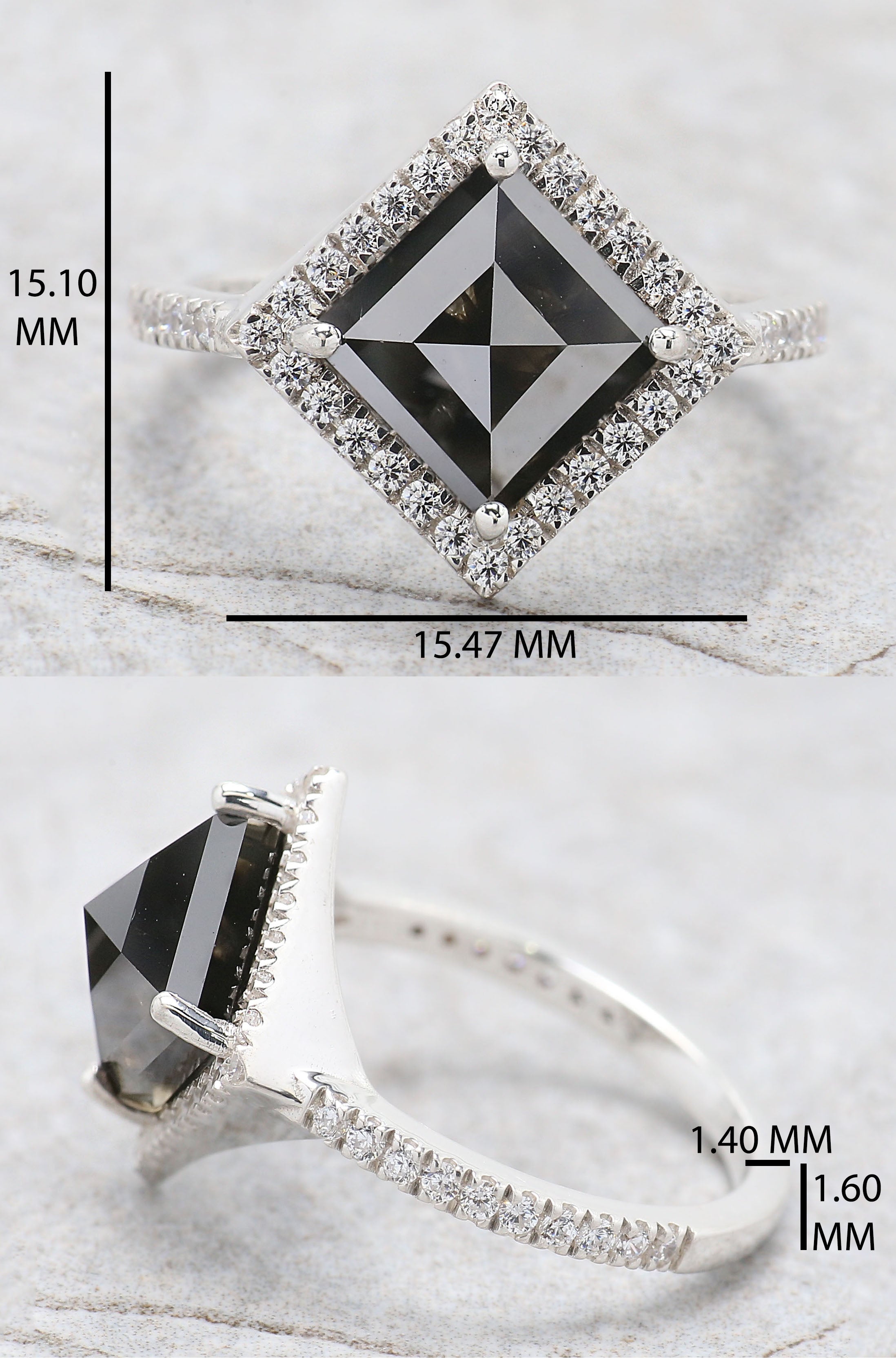 Kite Cut Black Color Diamond Ring 3.28 Ct 10.80 MM Kite Diamond Ring 14K Solid White Gold Silver Kite Engagement Ring Gift For Her QL9504