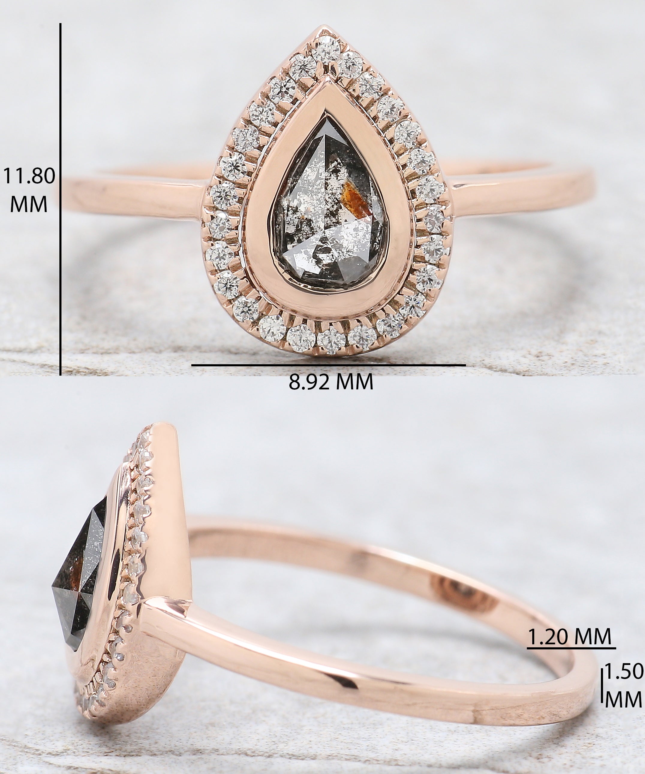 Pear Cut Salt And Pepper Diamond Ring 0.53 Ct 6.75 MM Pear Diamond Ring 14K Solid Rose Gold Silver Engagement Pear Ring Gift For Her QN8743