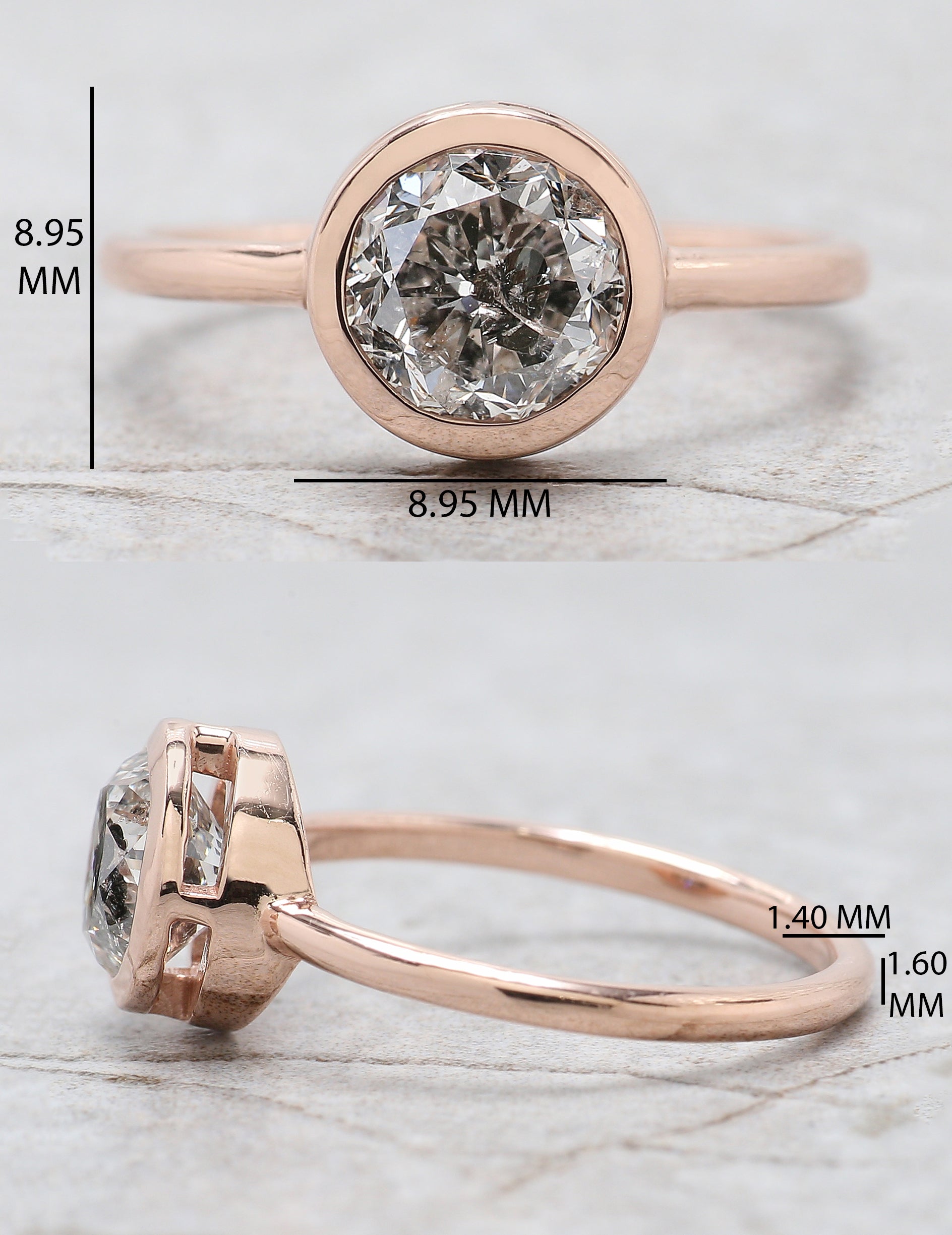 Round Cut Salt And Pepper Diamond Ring 1.55 Ct 7.05 MM Round Diamond Ring 14K Solid Rose Gold Silver Engagement Ring Gift For Her QL2650