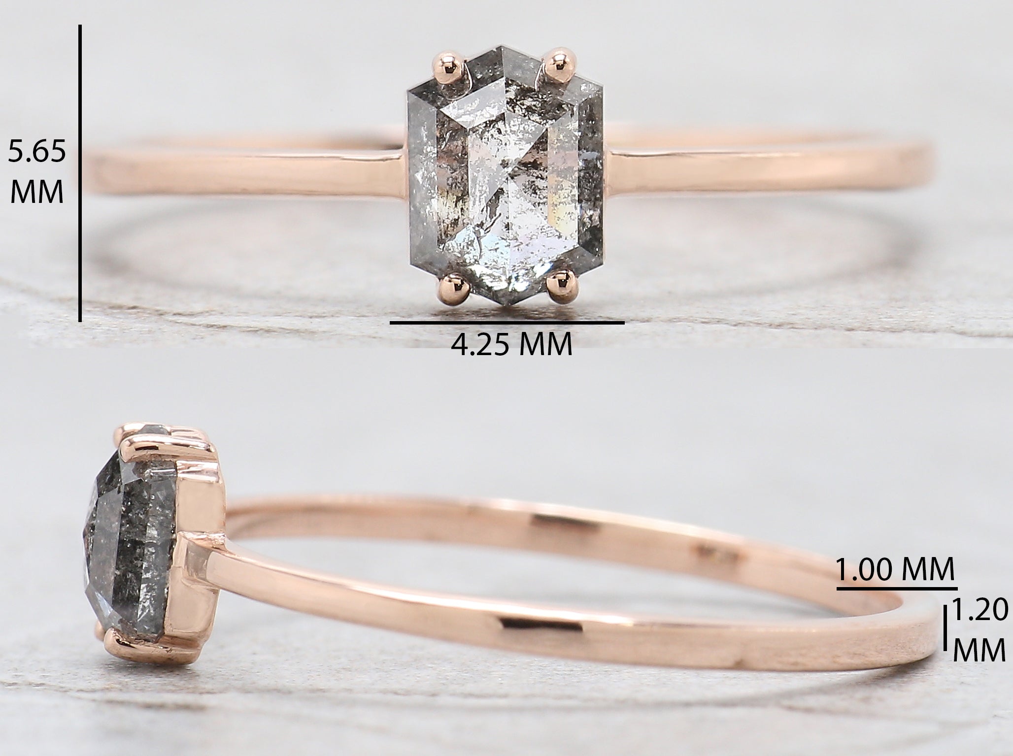 Hexagon Cut Salt And Pepper Diamond Ring 0.55 Ct 5.50 MM Hexagon Cut Diamond Ring 14K Rose Gold Silver Engagement Ring Gift For Her QN1481