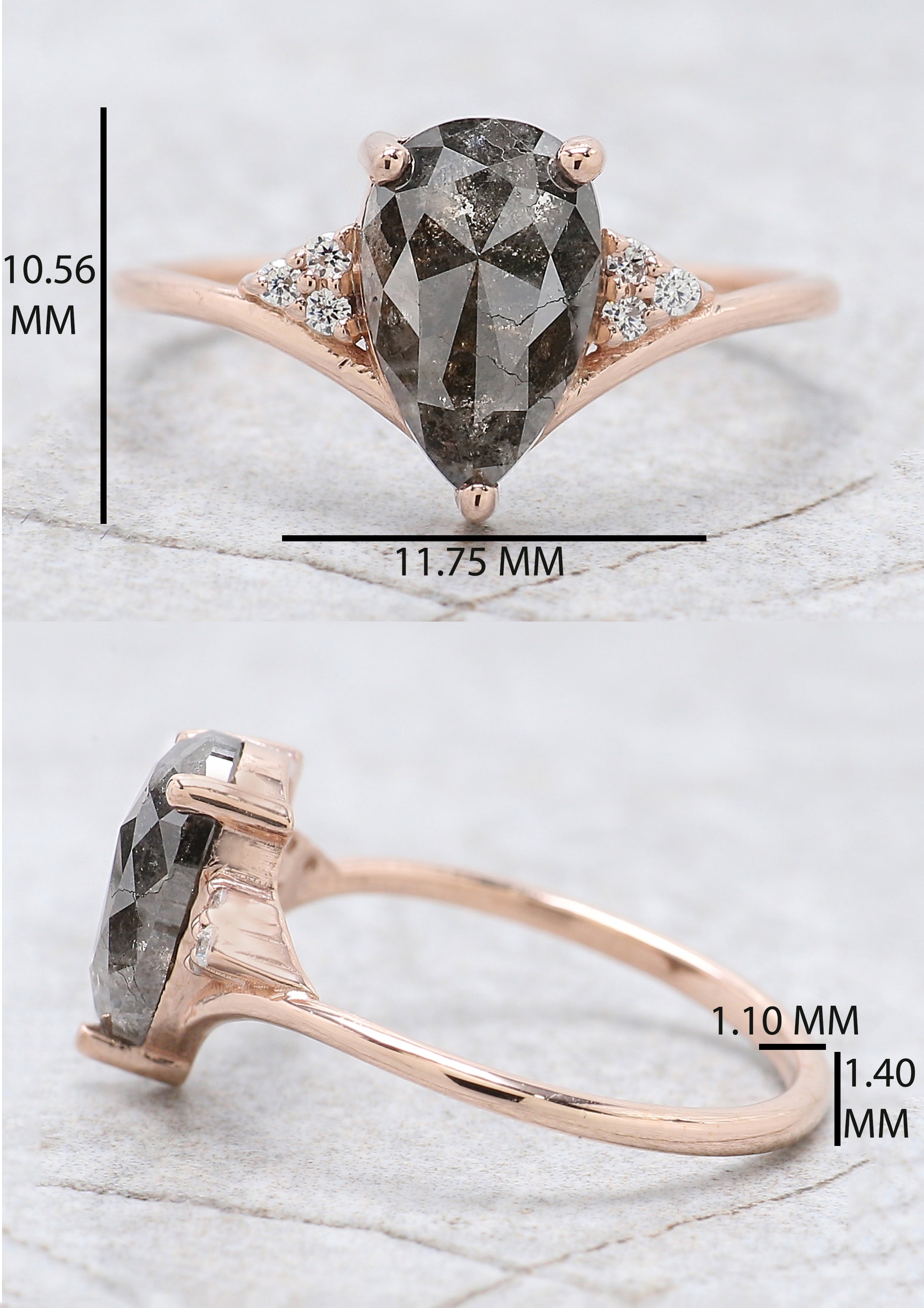 Pear Cut Salt And Pepper Diamond Ring 1.72 Ct 9.65 MM Pear Diamond Ring 14K Solid Rose Gold Silver Pear Engagement Ring Gift For Her QN1339