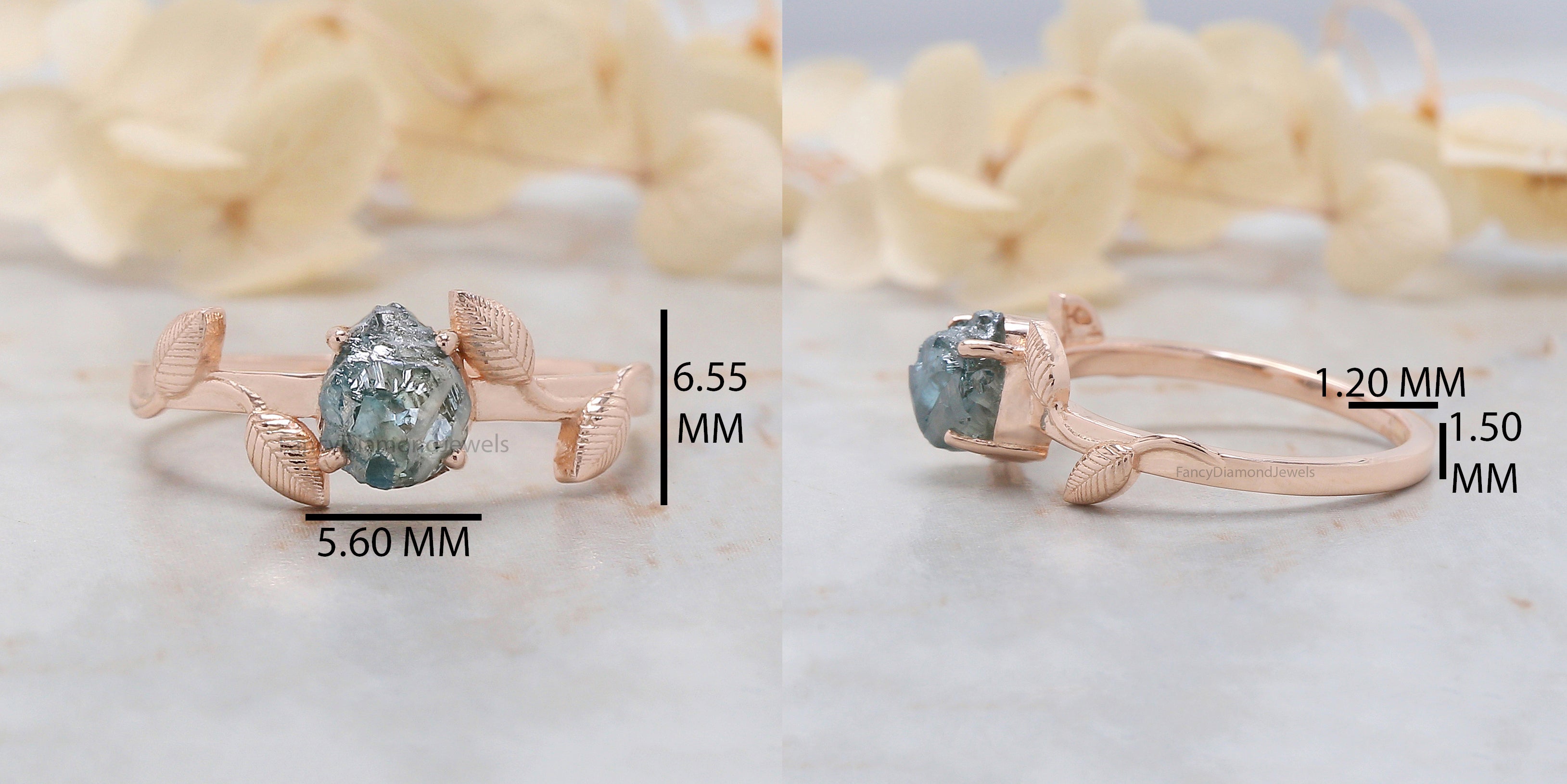 Rough Blue Color Diamond Ring 1.25 Ct 6.34 MM Crystal Rough Diamond Ring 14K Solid Rose Gold Silver Engagement Ring Gift For Her QL2270