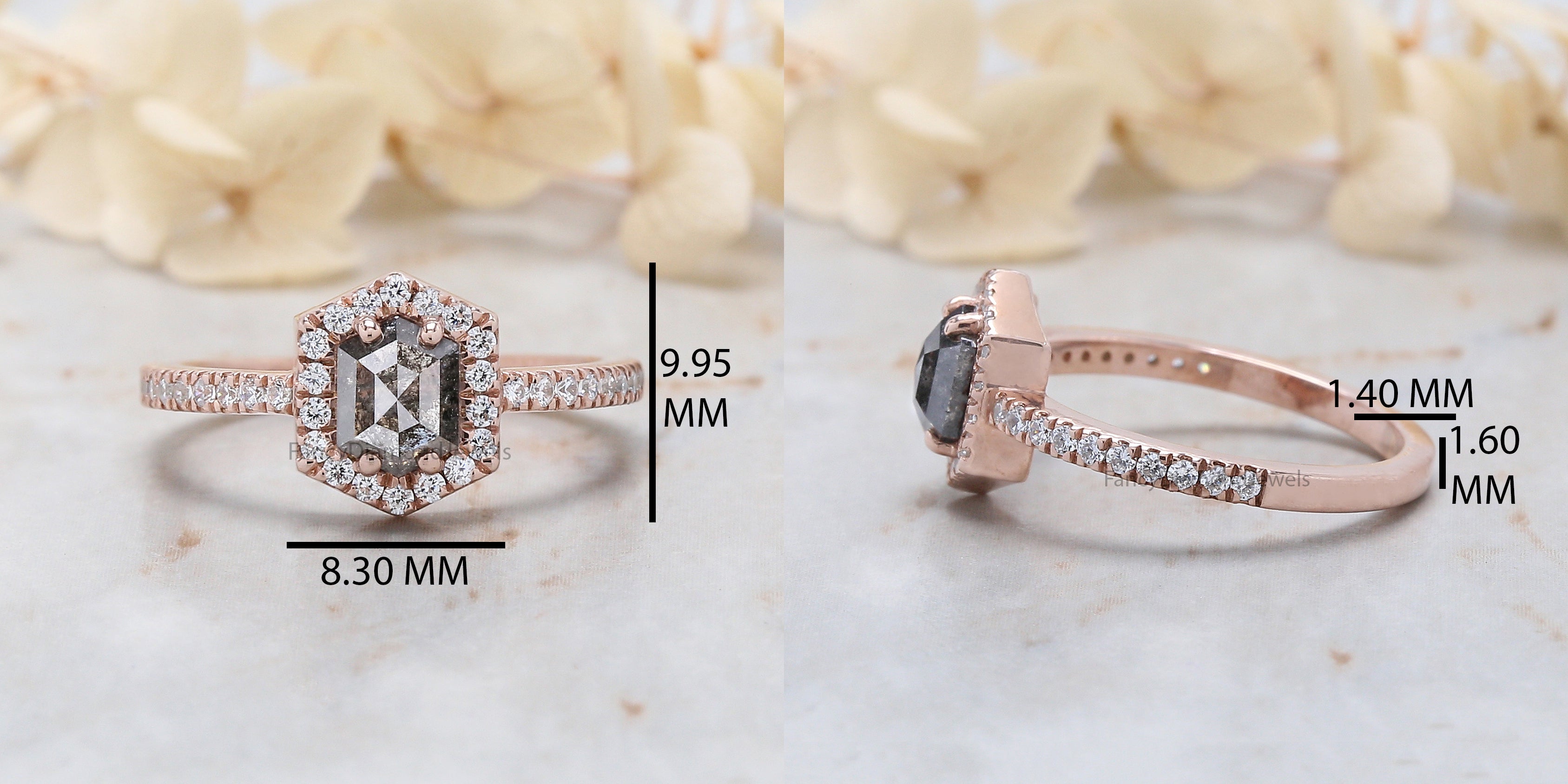 0.80 Ct Natural Hexagon Salt And Pepper Diamond Ring 6.30 MM Hexagon Cut Diamond Ring 14K Solid Rose Gold Silver Engagement Ring QN1135