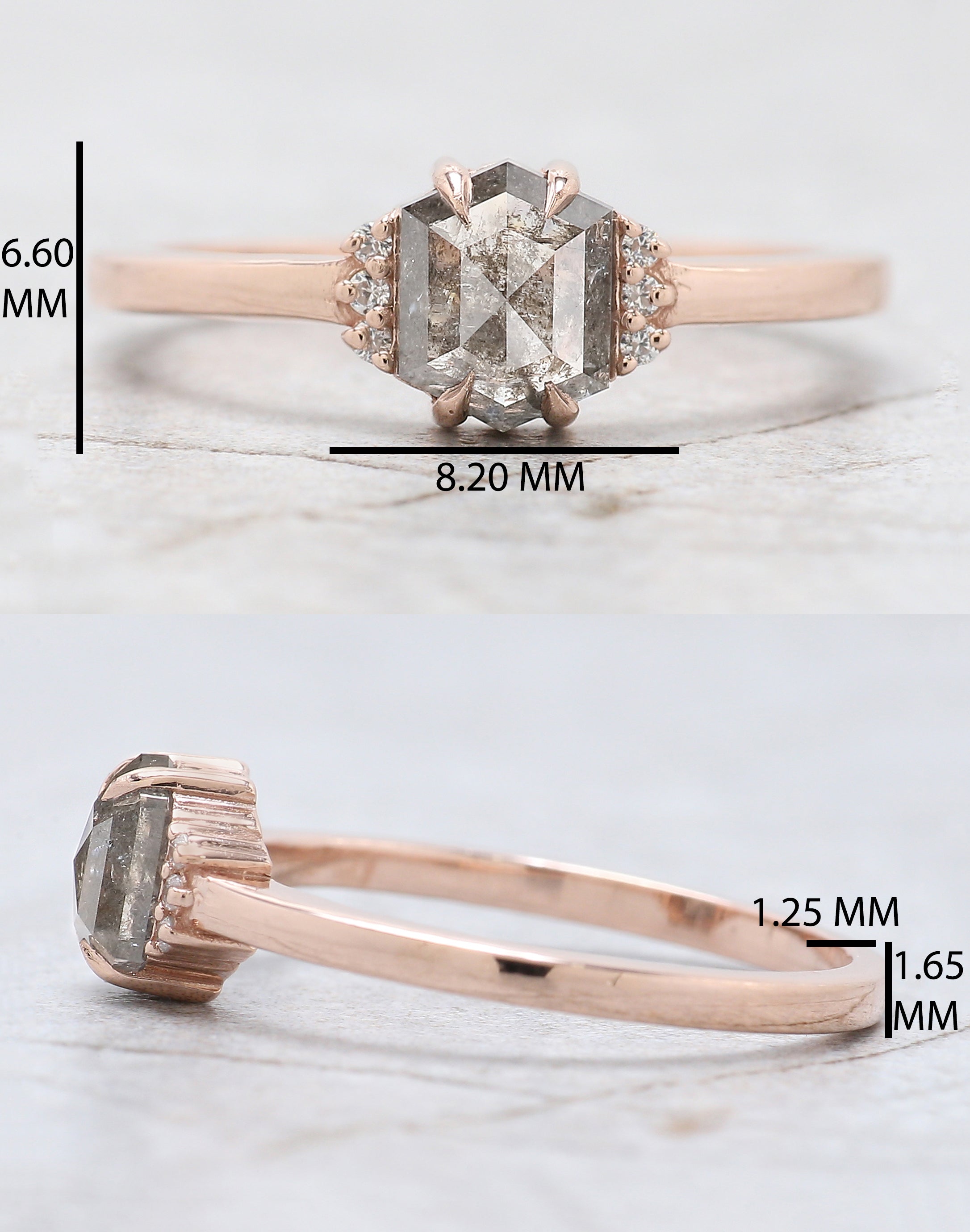 Hexagon Cut Salt And Pepper Diamond Ring 0.97 Ct 6.60 MM Hexagon Cut Diamond Ring 14K Rose Gold Silver Engagement Ring Gift For Her QN932