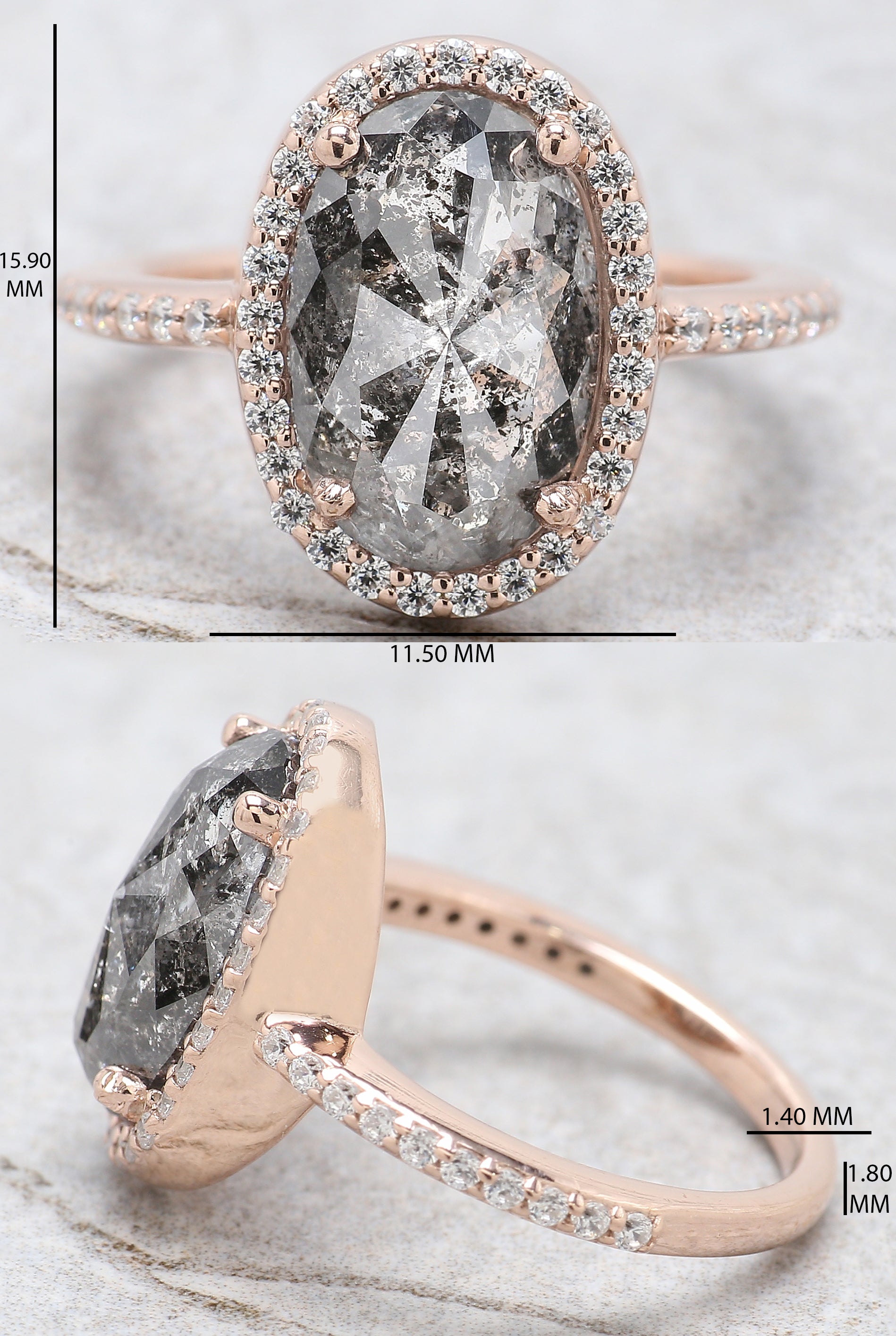 Oval Cut Salt And Pepper Diamond Ring 4.30 Ct 12.72 MM Oval Diamond Ring 14K Solid Rose Gold Silver Engagement Ring Gift For Her KDL2429
