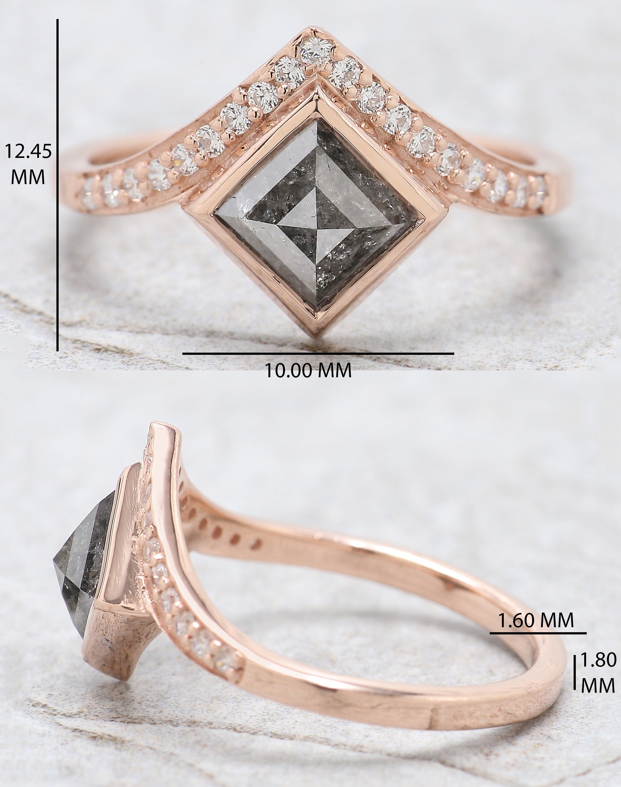 Kite Cut Salt And Pepper Diamond Ring 1.20 Ct 8.00 MM Kite Diamond Ring 14K Solid Rose Gold Silver Kite Engagement Ring Gift For Her QN1322