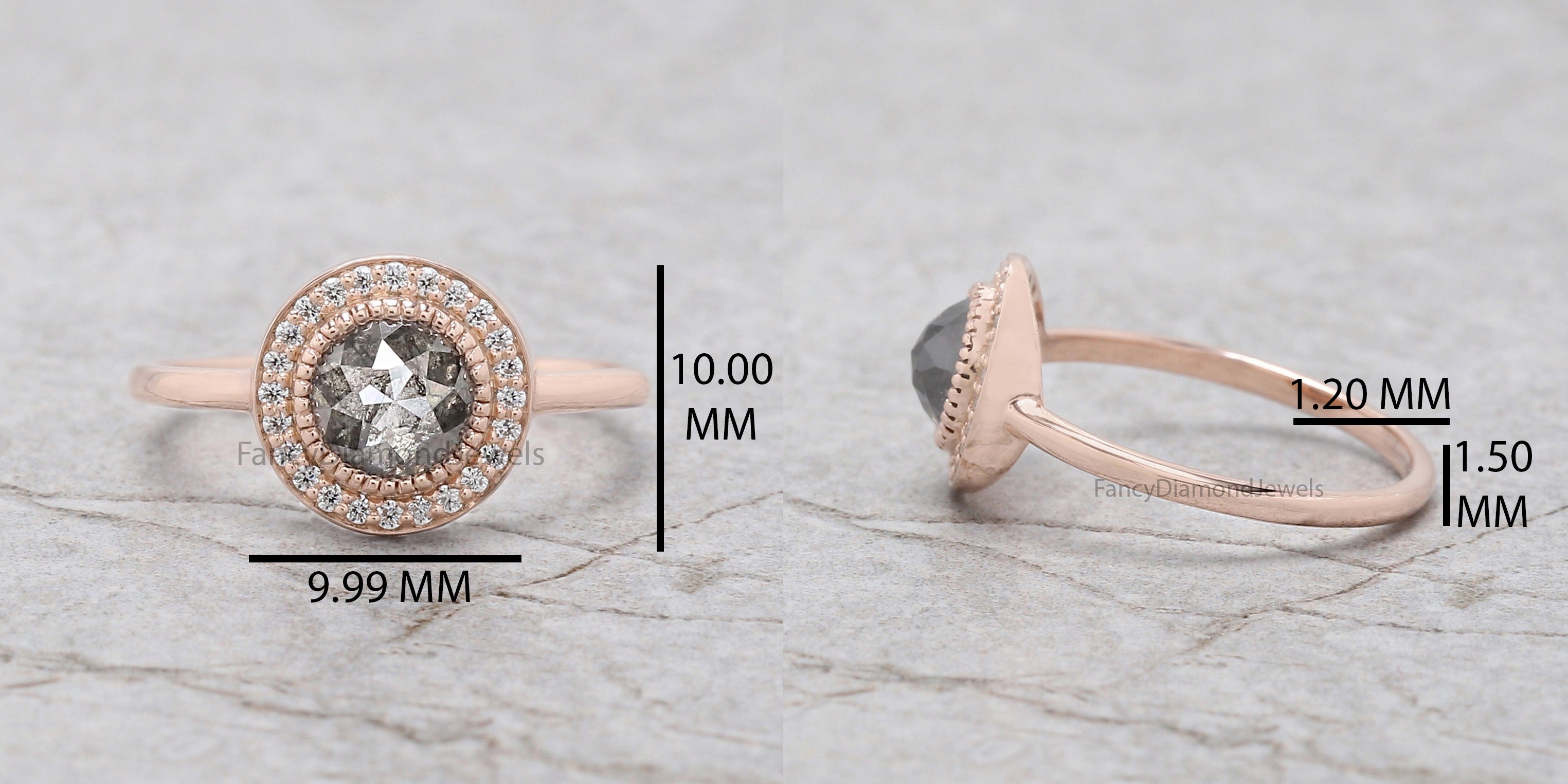 Round Rose Cut Salt And Pepper Diamond Ring 0.88 Ct 5.60 MM Round Shape Diamond Ring 14K Rose Gold Silver Engagement Ring Gift For Her QL2132