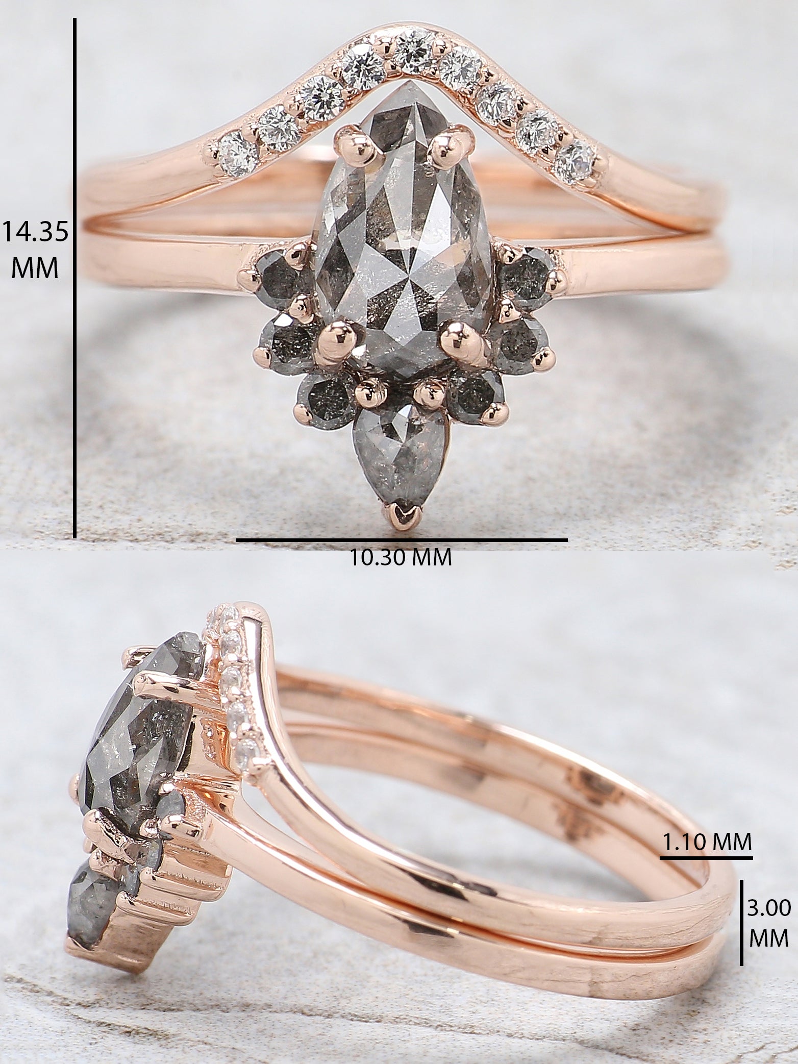 Pear Cut Salt And Pepper Diamond Ring 0.96 Ct 7.90 MM Pear Diamond Ring 14K Solid Rose Gold Silver Pear Engagement Ring Gift For Her QL1526