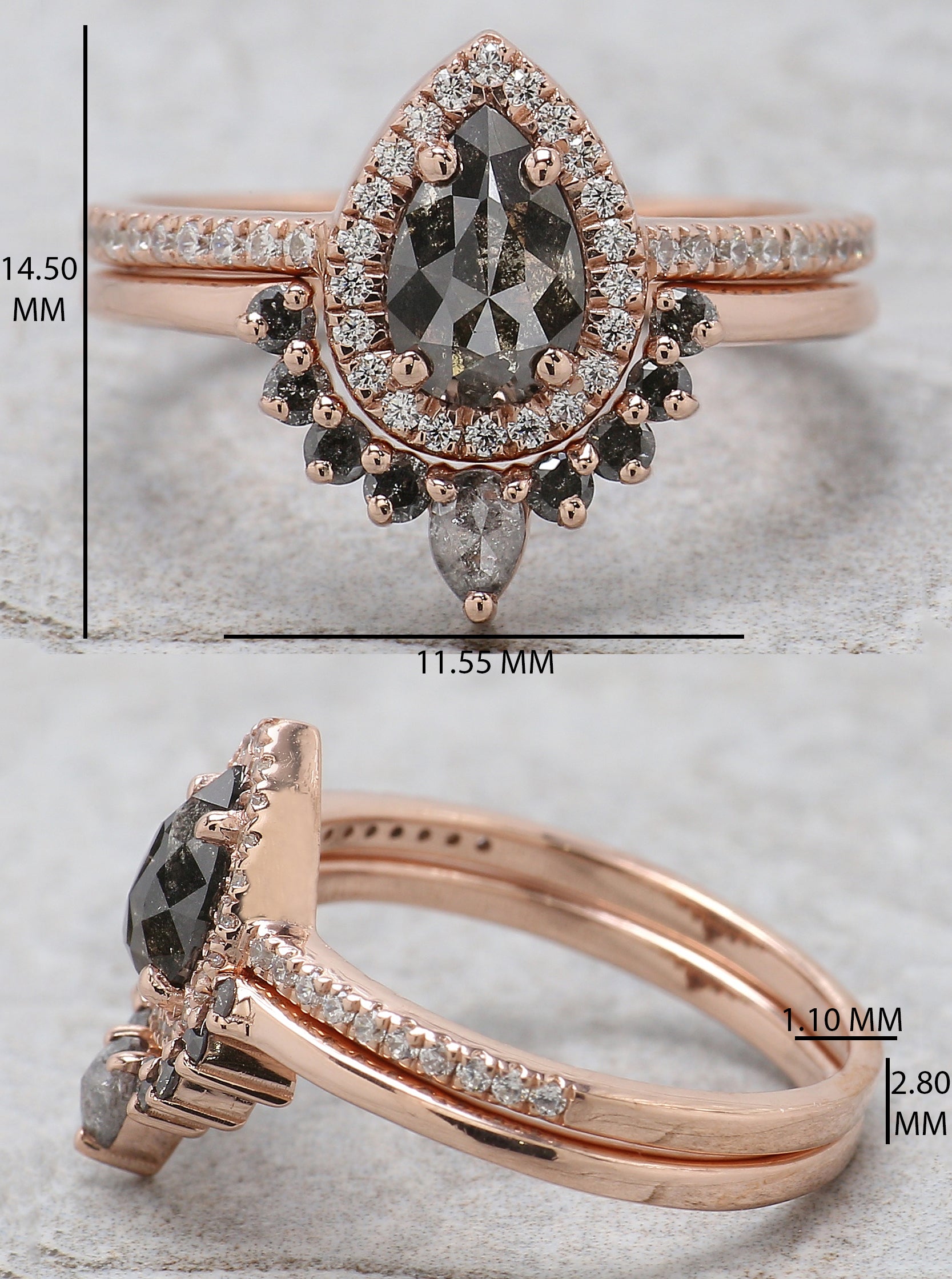Pear Cut Salt And Pepper Diamond Ring 0.73 Ct 7.10 MM Pear Shape Diamond Ring 14K Solid Rose Gold Silver Engagement Ring Gift For Her QL1025
