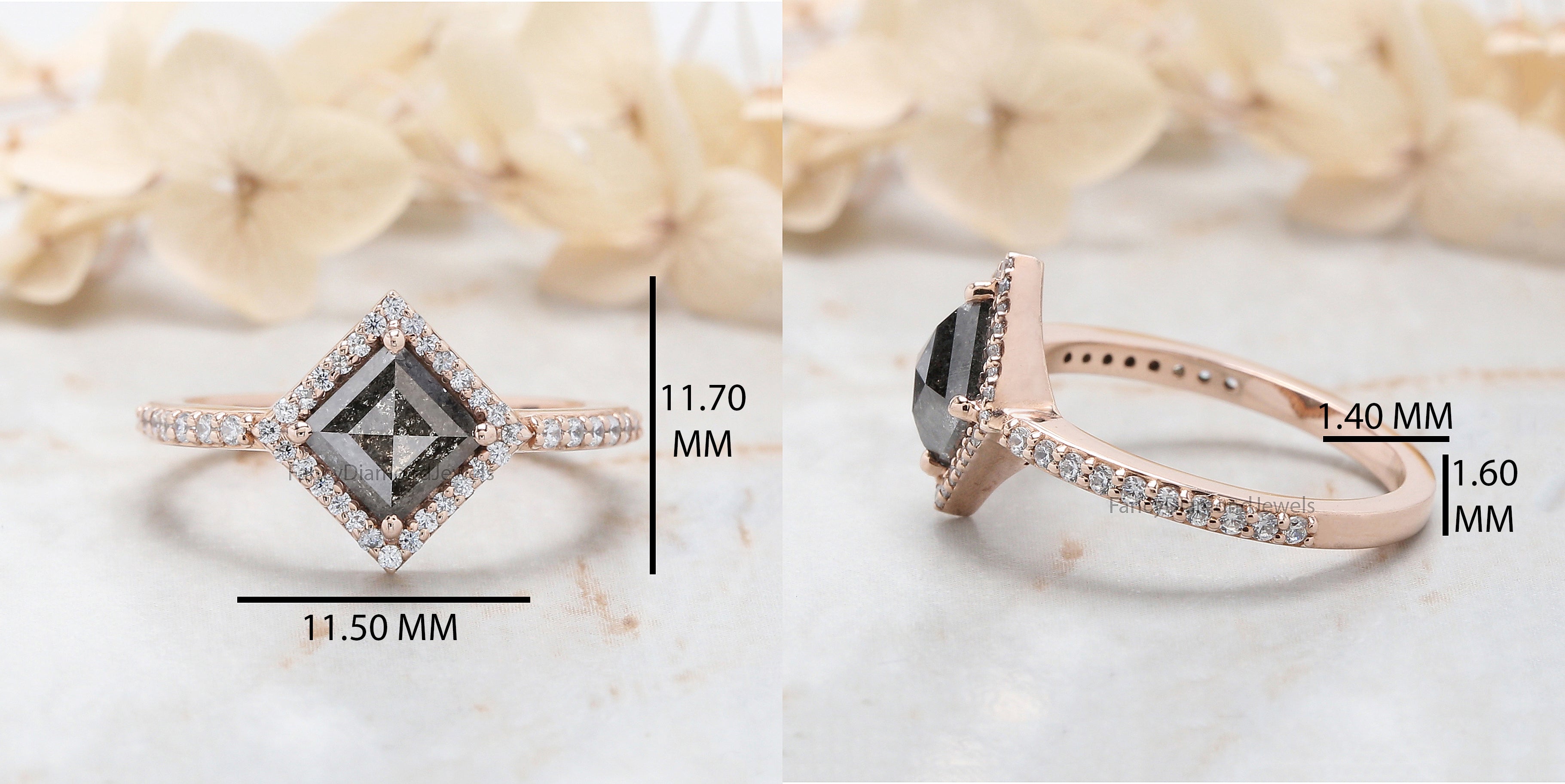 1.16 Ct Natural Kite Shape Salt And Pepper Diamond Ring 7.90 MM Kite Cut Diamond Ring 14K Solid Rose Gold Silver Engagement Ring QN1266