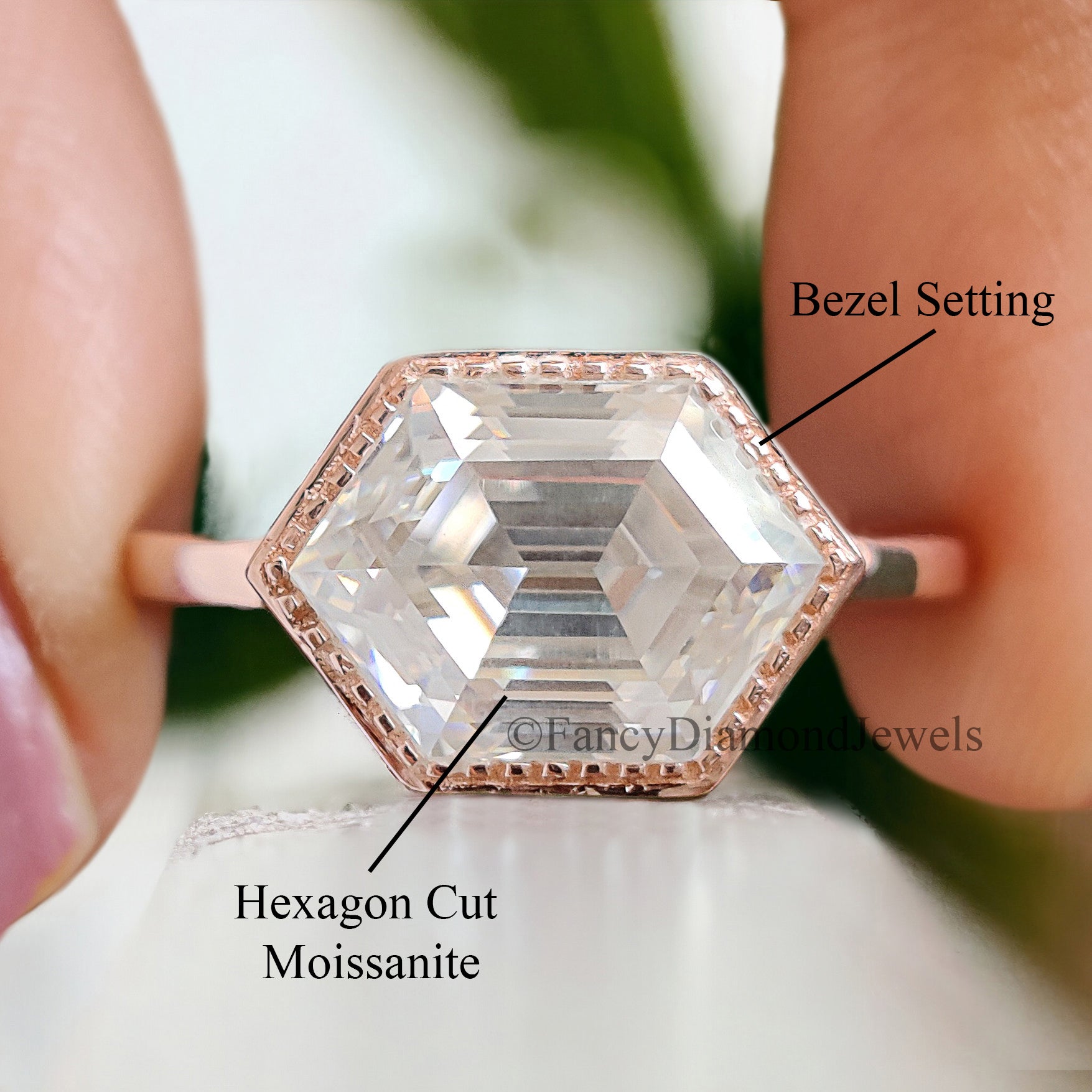 2.35 CT Elongated Hexagon Cut Moissanite Engagement Ring Rose Gold Ring Bezel Set Art Deco Bridal Promise Anniversary Gift For Her FD261