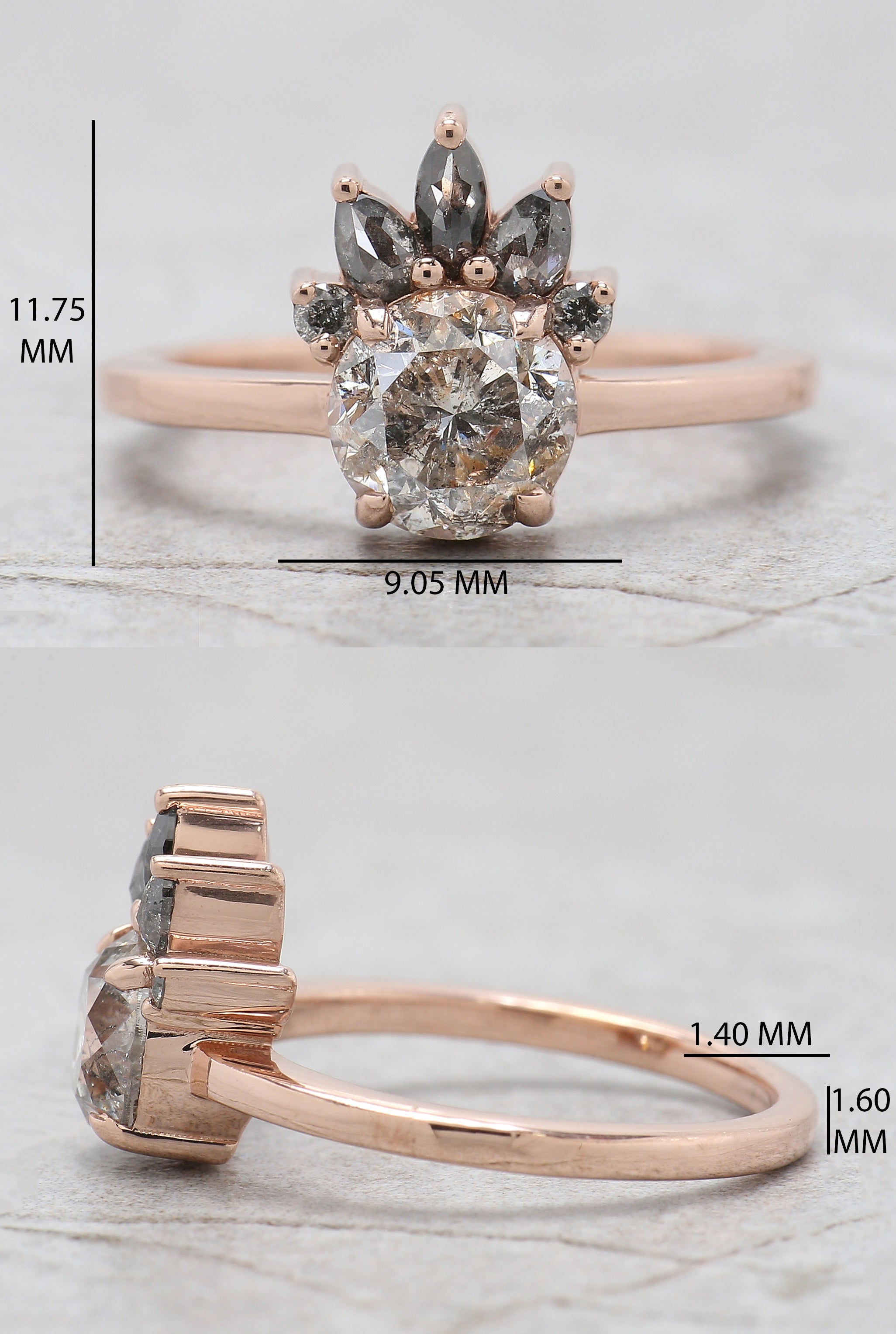 Round Cut Salt And Pepper Diamond Ring 1.45 Ct 6.75 MM Round Diamond Ring 14K Solid Rose Gold Silver Engagement Ring Gift For Her QL2616