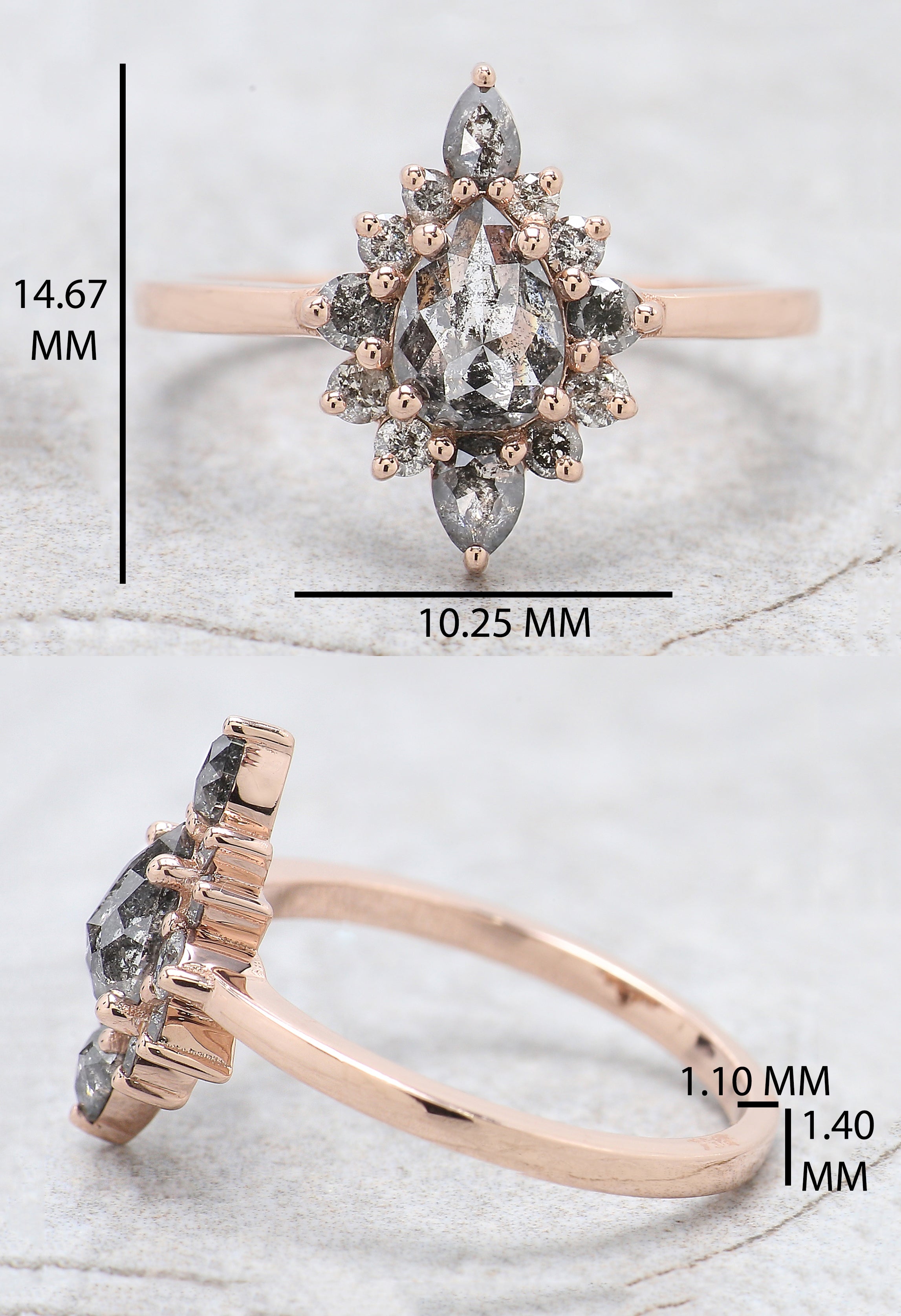 Pear Cut Salt And Pepper Diamond Ring 0.67 Ct 6.50 MM Pear Diamond Ring 14K Solid Rose Gold Silver Pear Engagement Ring Gift For Her QN9702