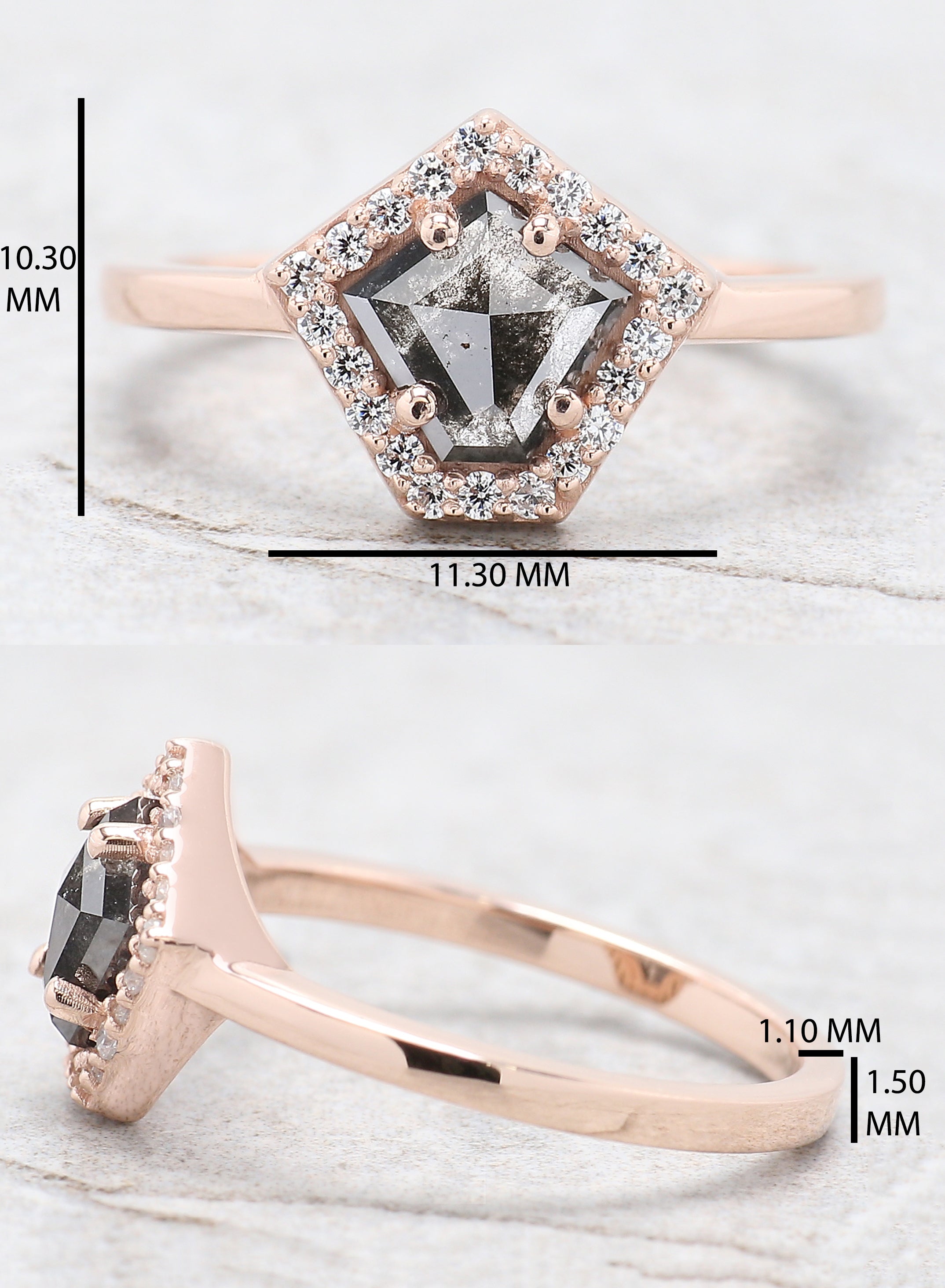 Pentagon Cut Salt And Pepper Diamond Ring 0.97 Ct 6.85 MM Pentagon Diamond Ring 14K Solid Rose Gold Silver Engagement Ring Gift For Her QL9320