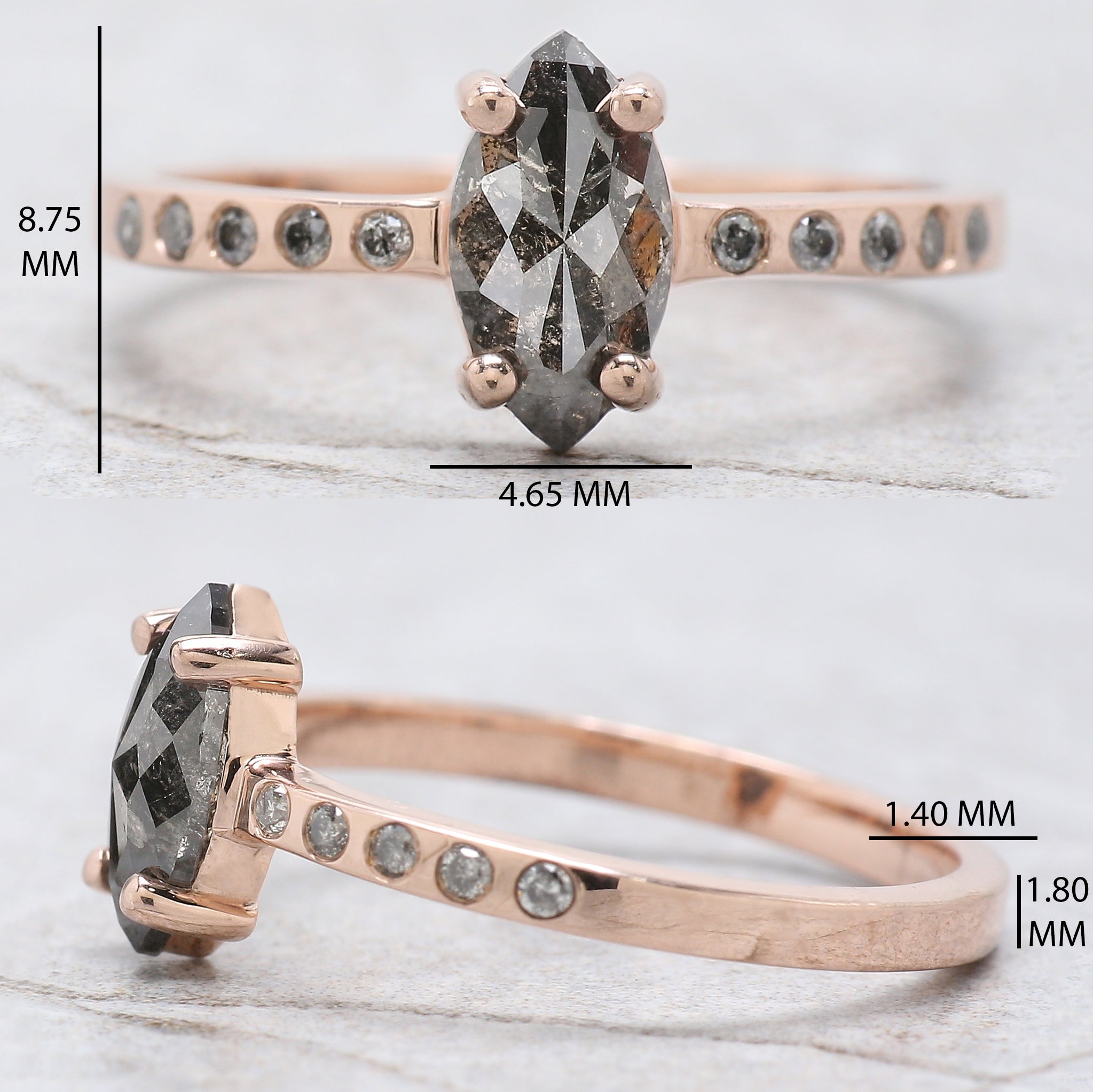 Marquise Salt And Pepper Diamond Ring 0.82 Ct 8.70 MM Marquise Diamond Ring 14K Solid Rose Gold Silver Engagement Ring Gift For Her QN9706