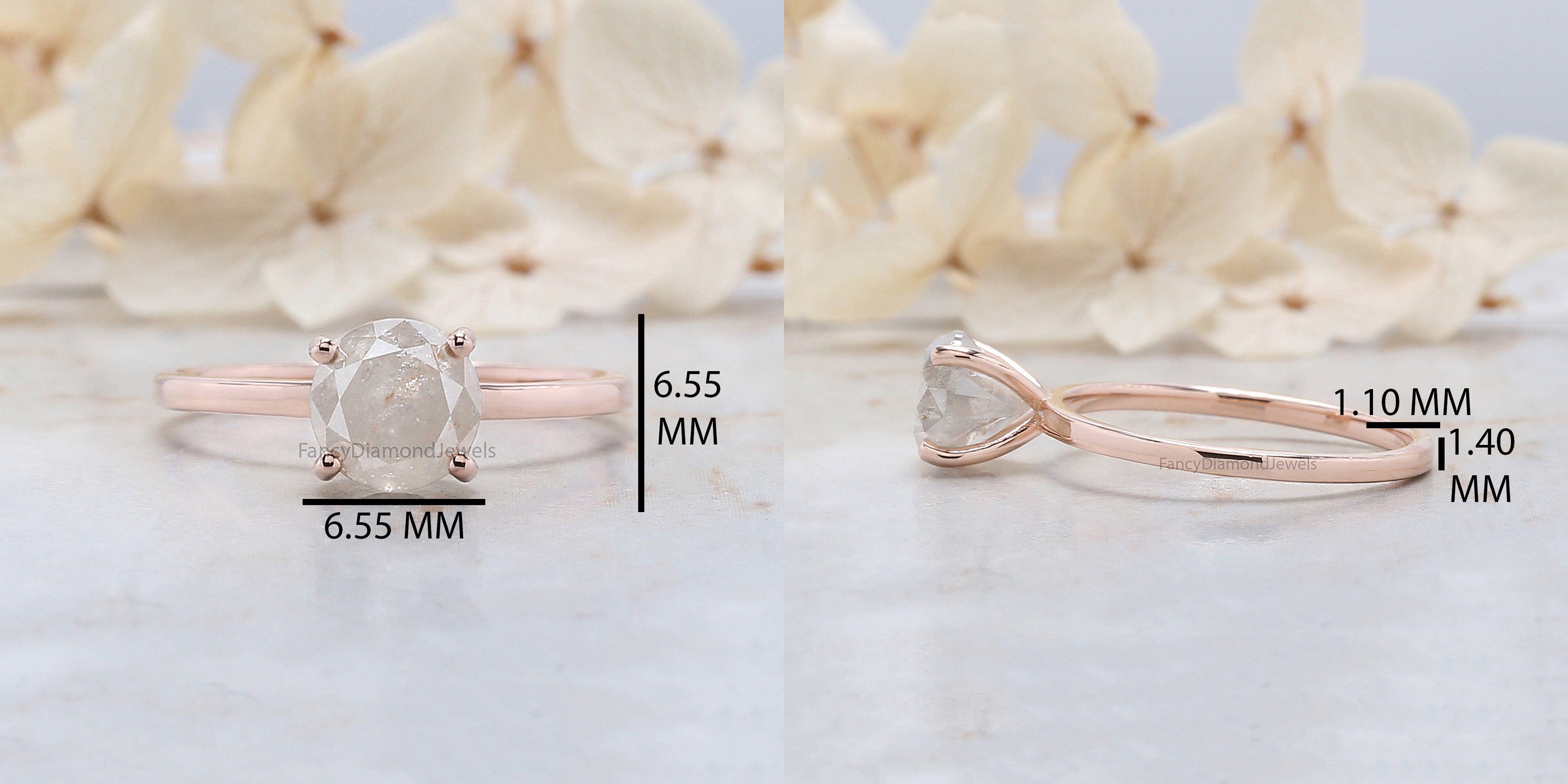 Round Cut Grey Color Diamond Ring 1.51 Ct 6.50 MM Round Shape Diamond Ring 14K Solid Rose Gold Silver Engagement Ring Gift For Her QN9760