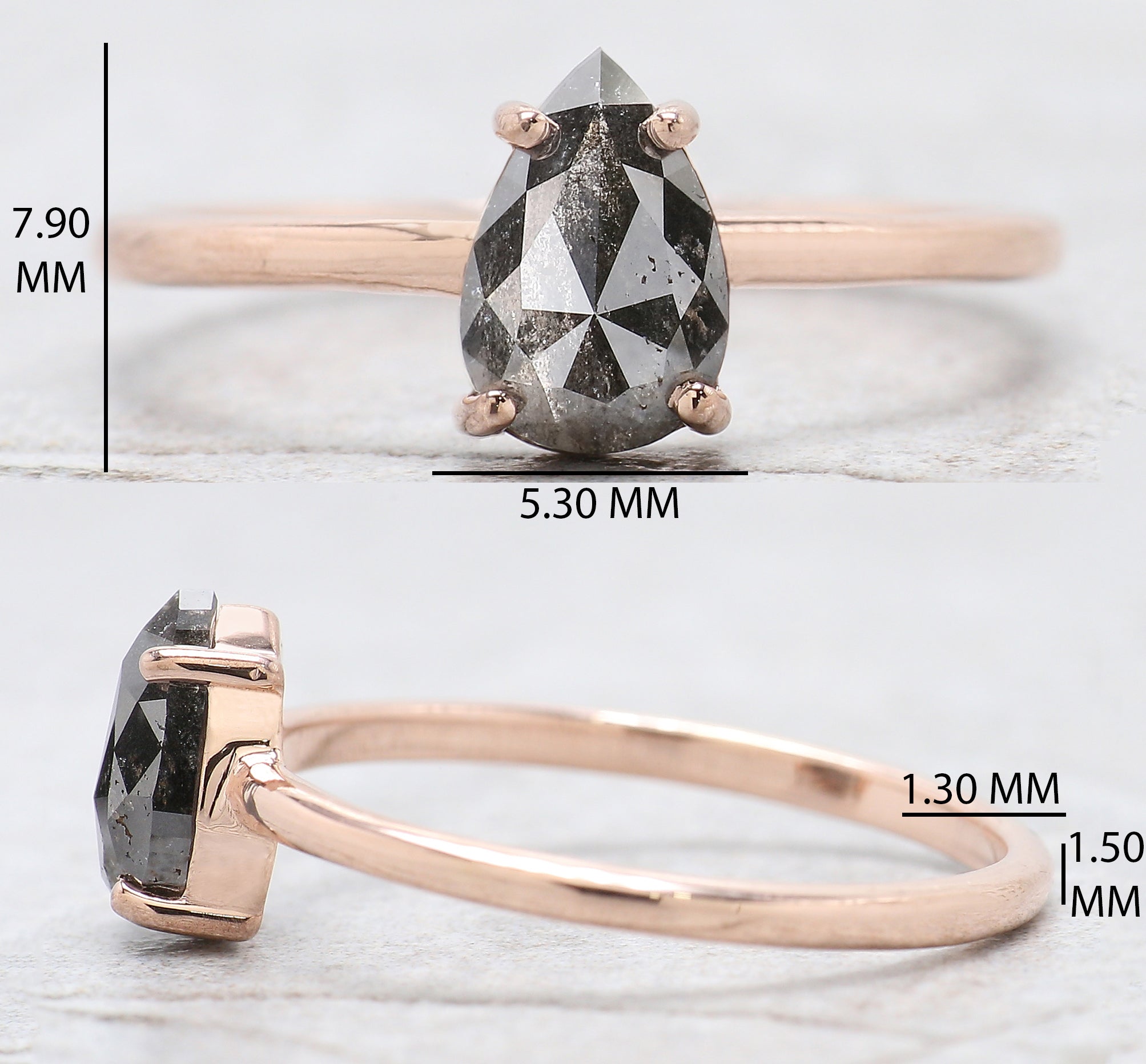 Pear Cut Salt And Pepper Diamond Ring 0.86 Ct 7.80 MM Pear Diamond Ring 14K Solid Rose Gold Silver Pear Engagement Ring Gift For Her QL168