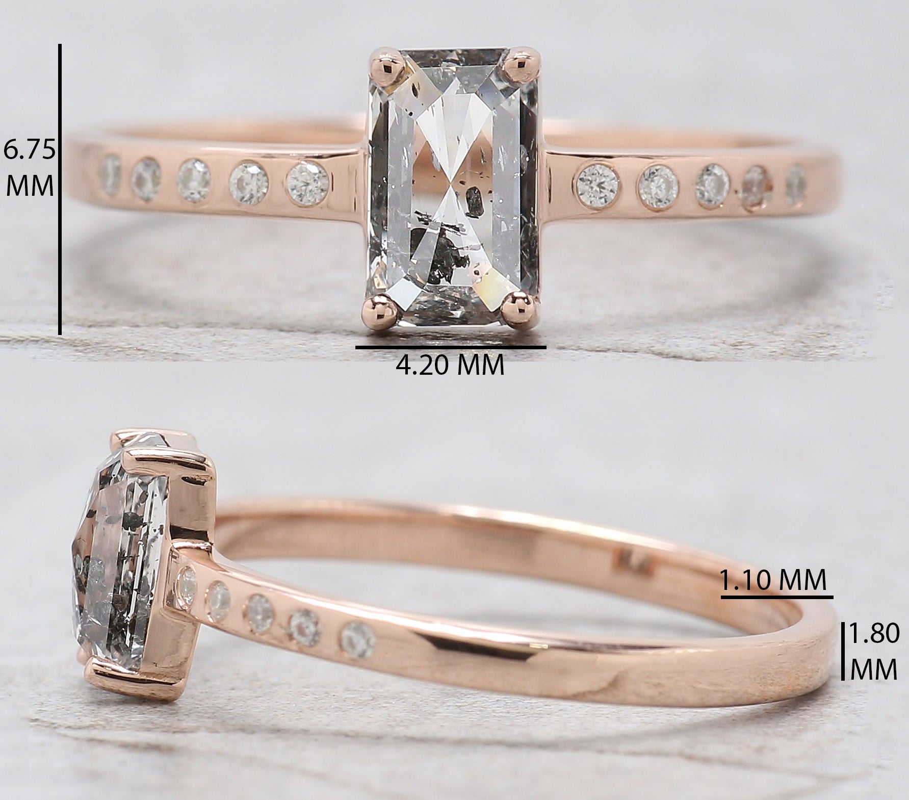 Emerald Cut Salt And Pepper Diamond Ring 0.77 Ct 6.60 MM Emerald Diamond Ring 14K Solid Rose Gold Silver Engagement Ring Gift For Her QL2658