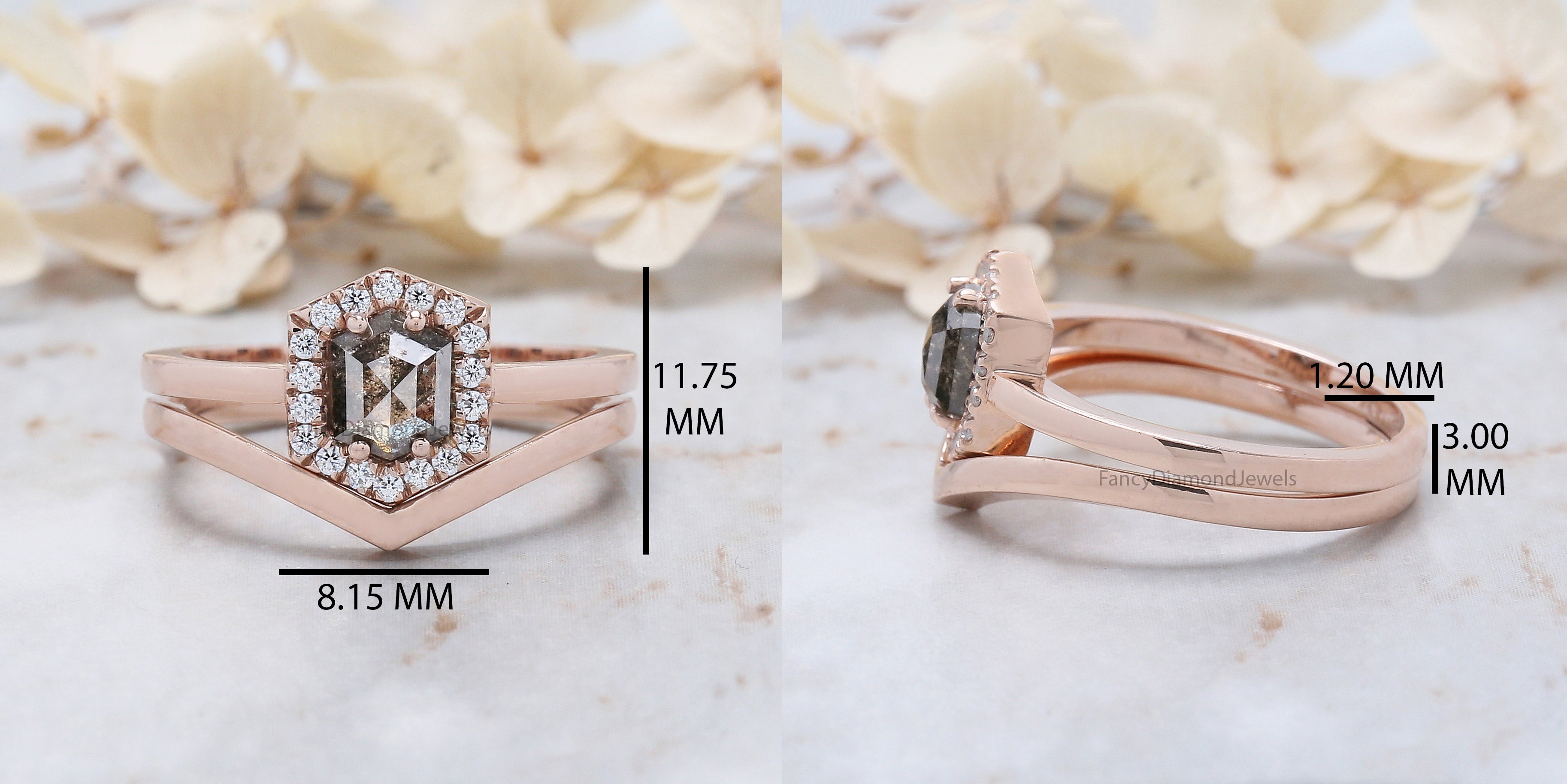 Hexagon Cut Salt And Pepper Diamond Ring 0.77 Ct 6.05 MM Hexagon Diamond Ring 14K Solid Rose Gold Silver Engagement Ring Gift For Her QN1223