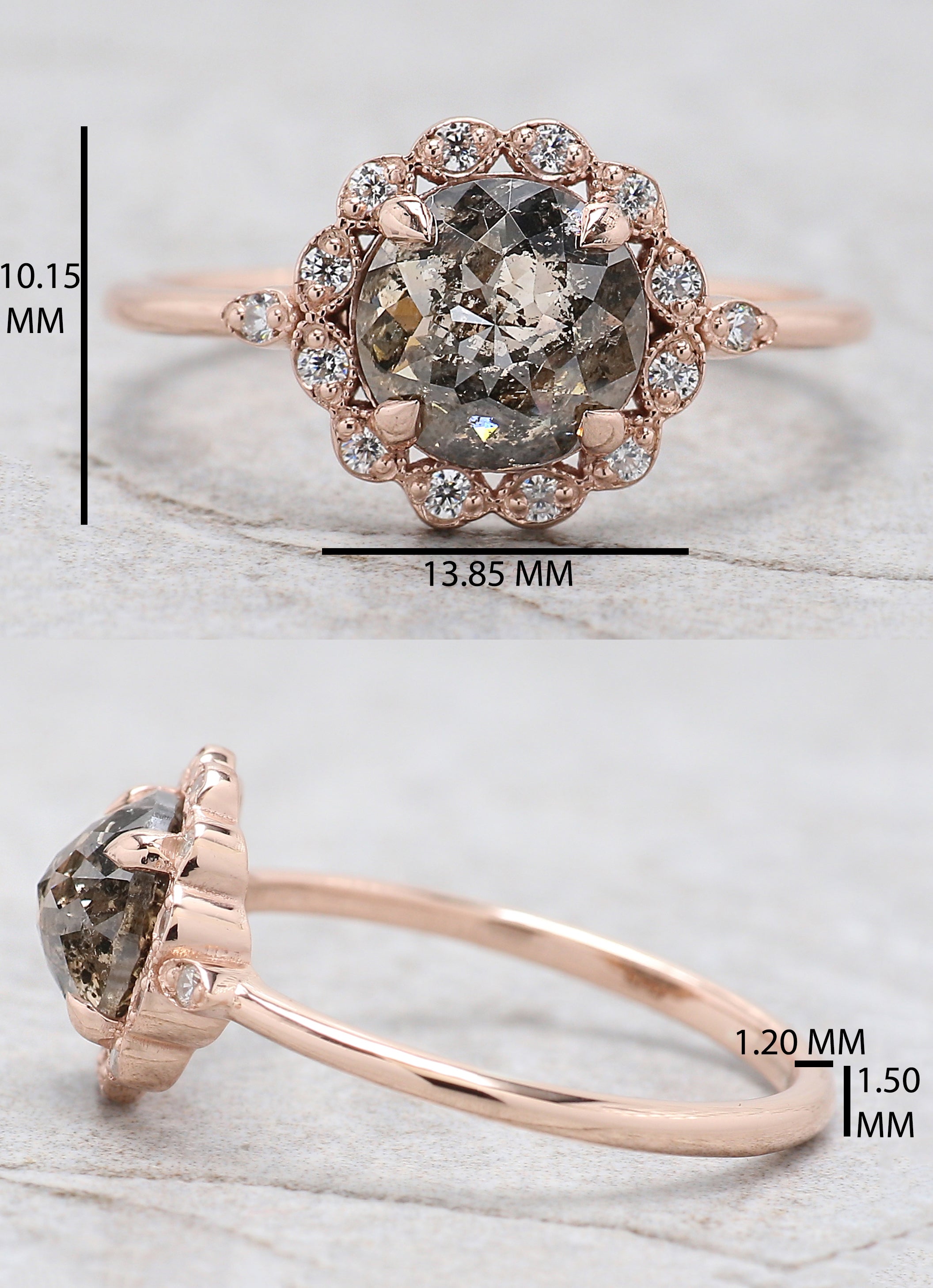 Round Rose Cut Salt And Pepper Diamond Ring 1.60 Ct 7.05 MM Round Diamond Ring 14K Rose Gold Silver Engagement Ring Gift For Her QL9058