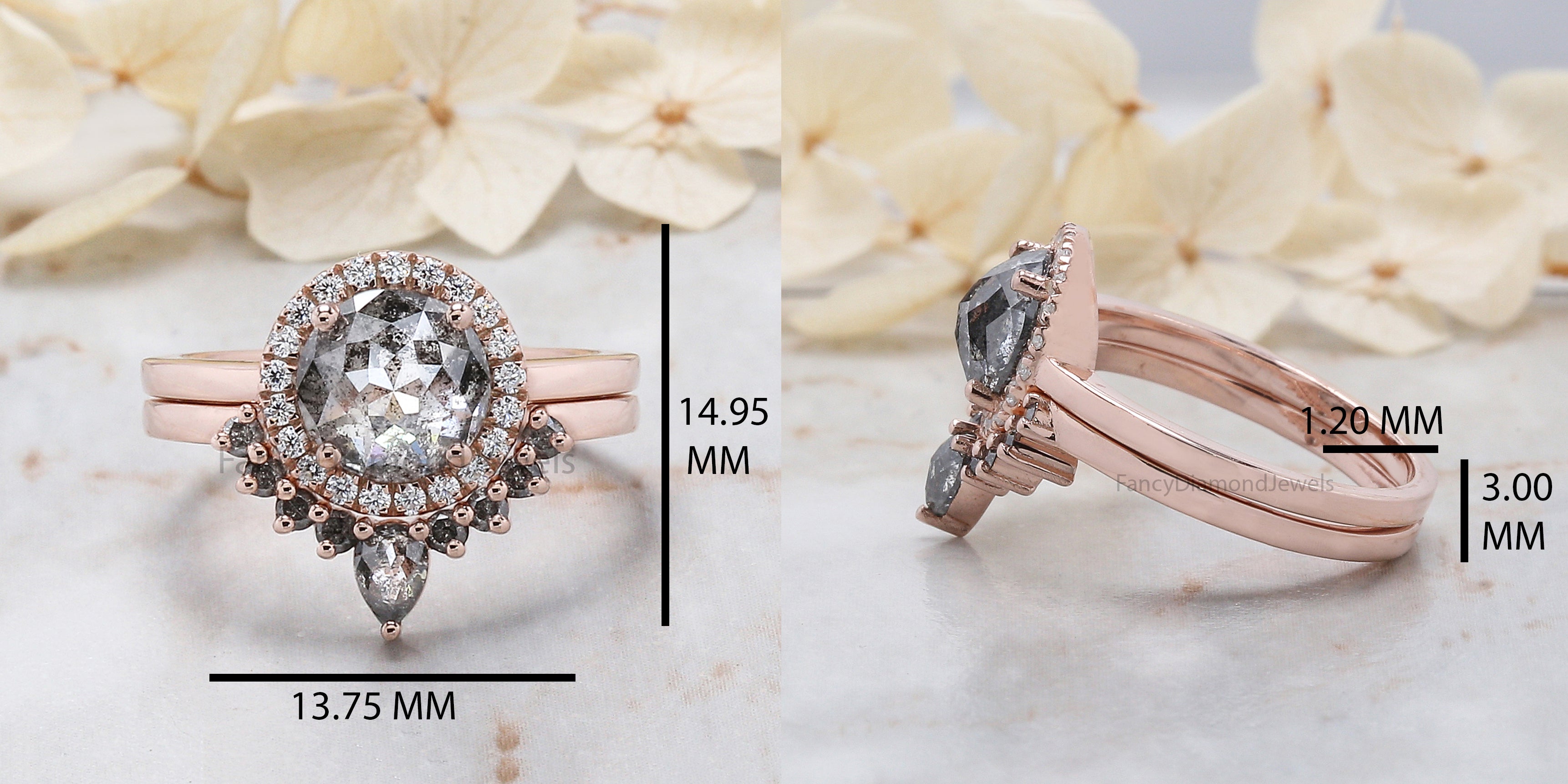 Round Rose Cut Salt And Pepper Diamond Ring 1.70 Ct 7.30 MM Round Shape Diamond Ring 14K Rose Gold Silver Engagement Ring Gift For Her QL882