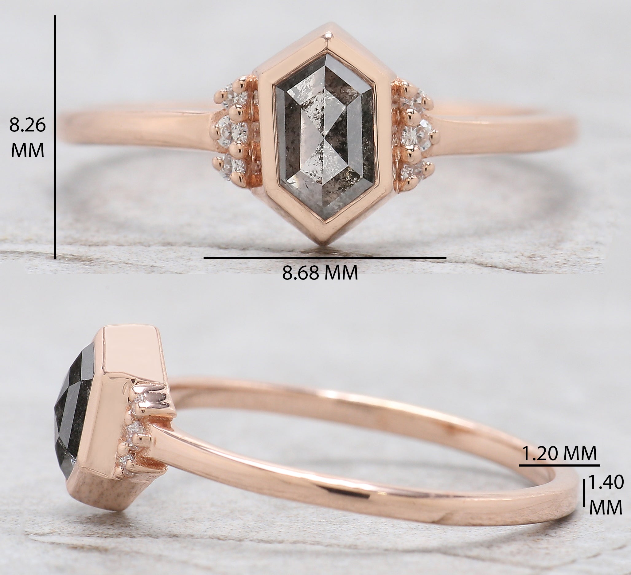 Hexagon Cut Salt And Pepper Diamond Ring 0.48 Ct 6.38 MM Hexagon Cut Diamond Ring 14K Rose Gold Silver Engagement Ring Gift For Her QL2472