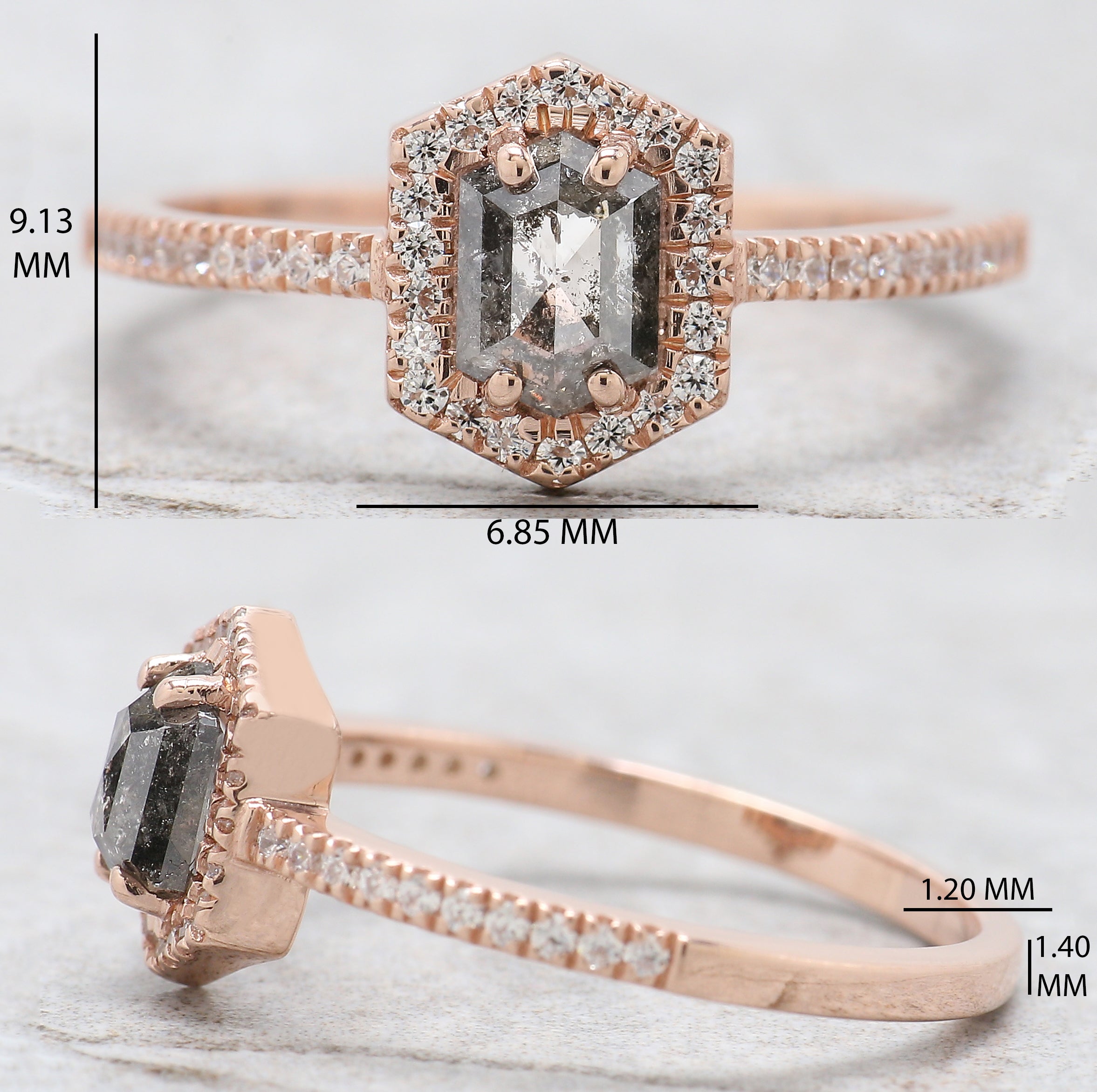 Hexagon Cut Salt And Pepper Diamond Ring 0.57 Ct 5.80 MM Hexagon Cut Diamond Ring 14K Rose Gold Silver Engagement Ring Gift For Her QN1254