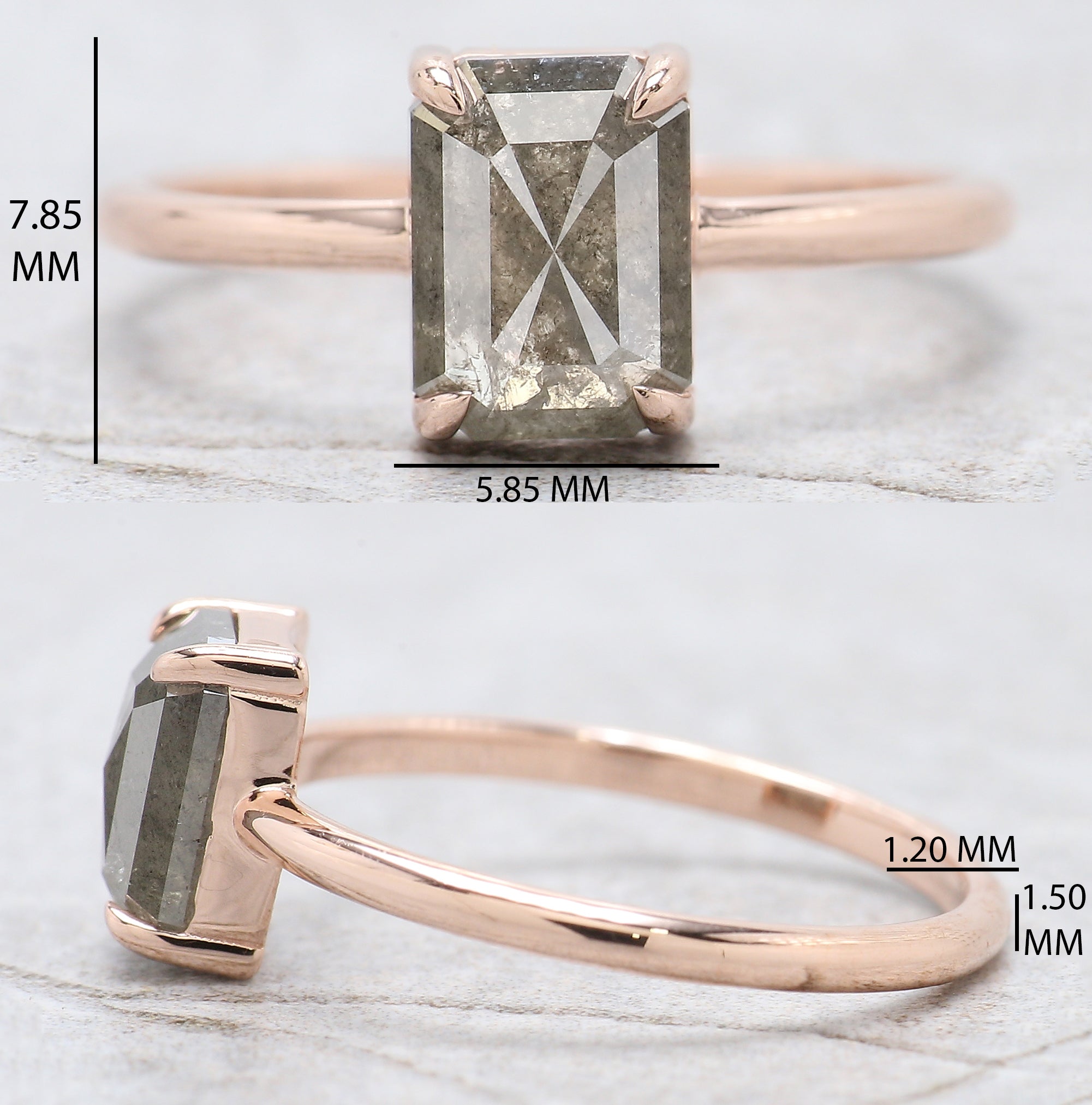 Emerald Cut Salt And Pepper Diamond Ring 1.56 Ct 7.80 MM Emerald Diamond Ring 14K Solid Rose Gold Silver Engagement Ring Gift For Her QL787